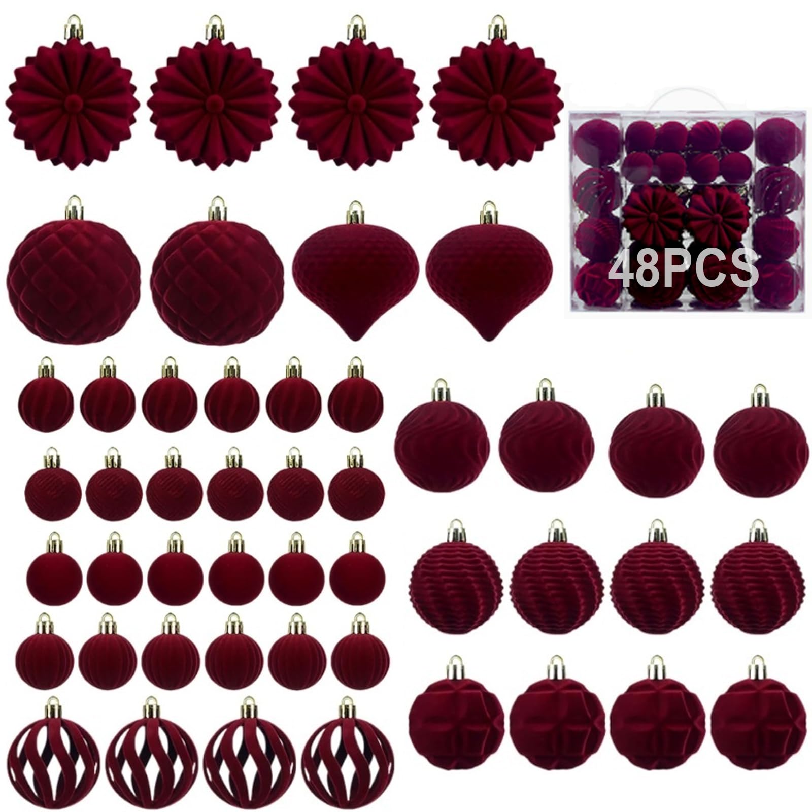48Pcs Velvet Christmas Baubles - Velvet Christmas Ball Ornaments Set (Red)