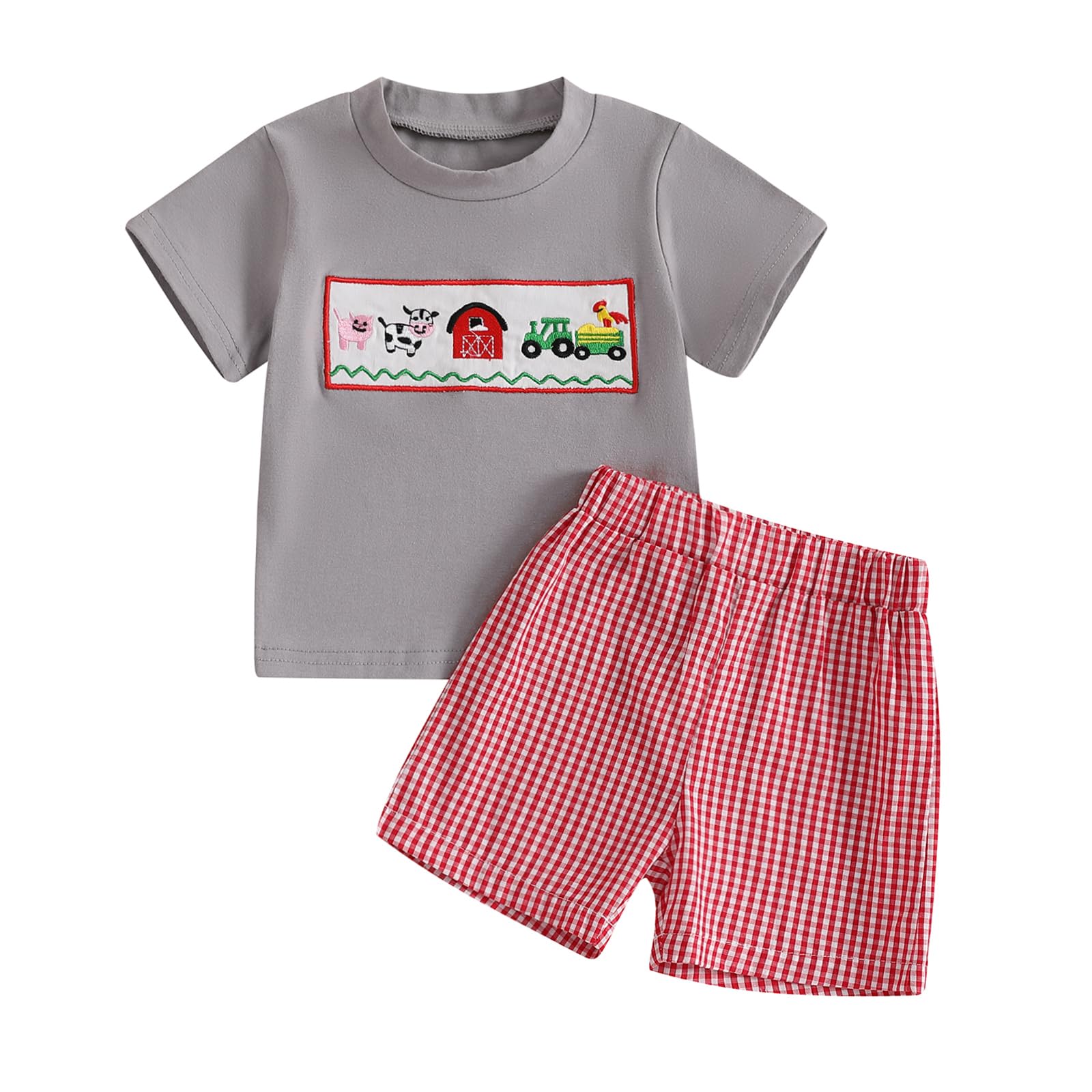 Kuriozud Baby Girl Boy Summer Clothes Short Sleeve Tops Embroidery Tee Pattern Tshirt+Vintage Plaid Short Pants Set 2Piece (Farm Gray Animals, 2-3T)
