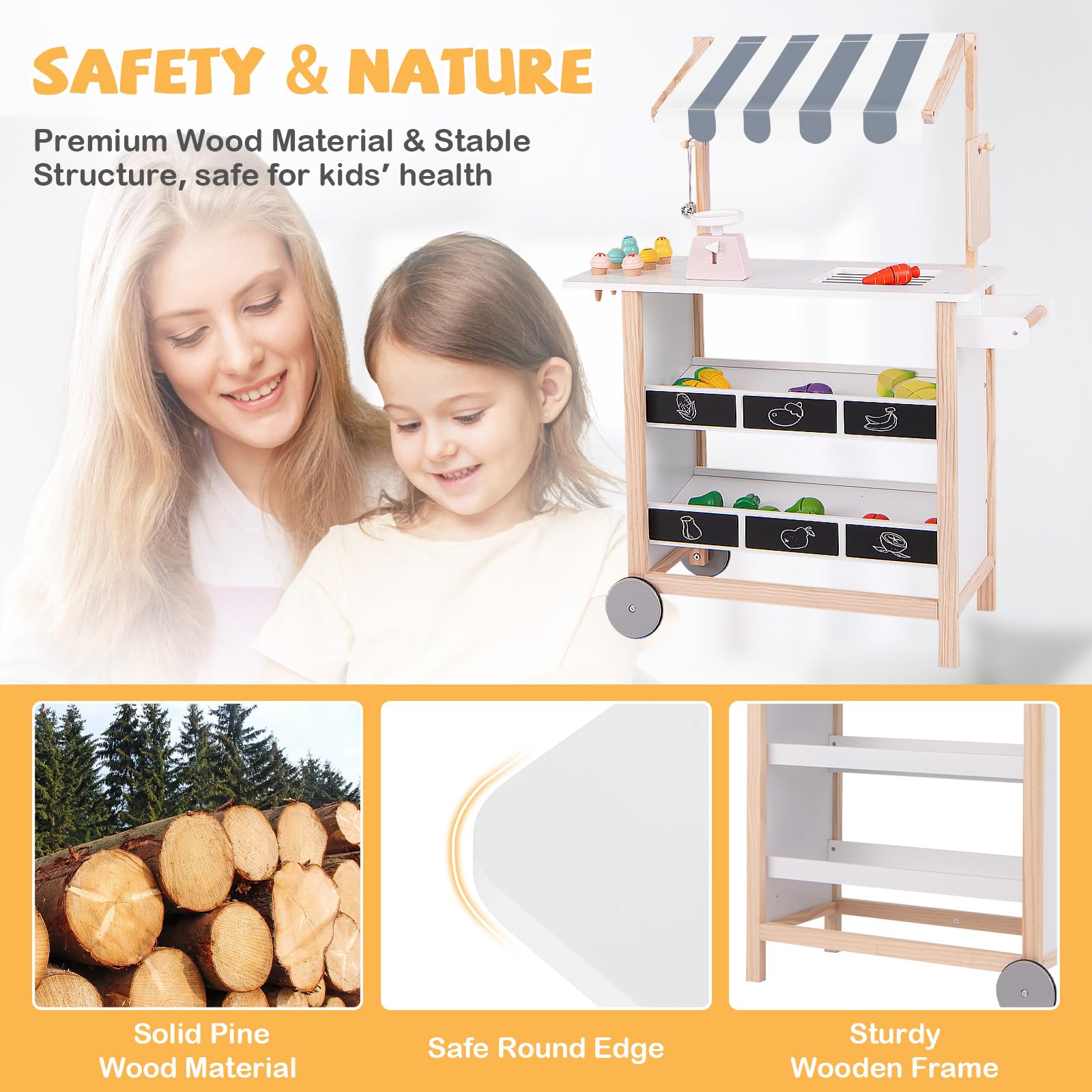 HOMASIS Chariot à Glace pour Enfants avec Accessoires, Magasin de 6 Jouets, Crème Glacée, Roues Mobiles et Auvent, Chariot de Courses en Bois, Maison de Poupée, Kit de Jeu pour 3 Ans et+ (Blanc)