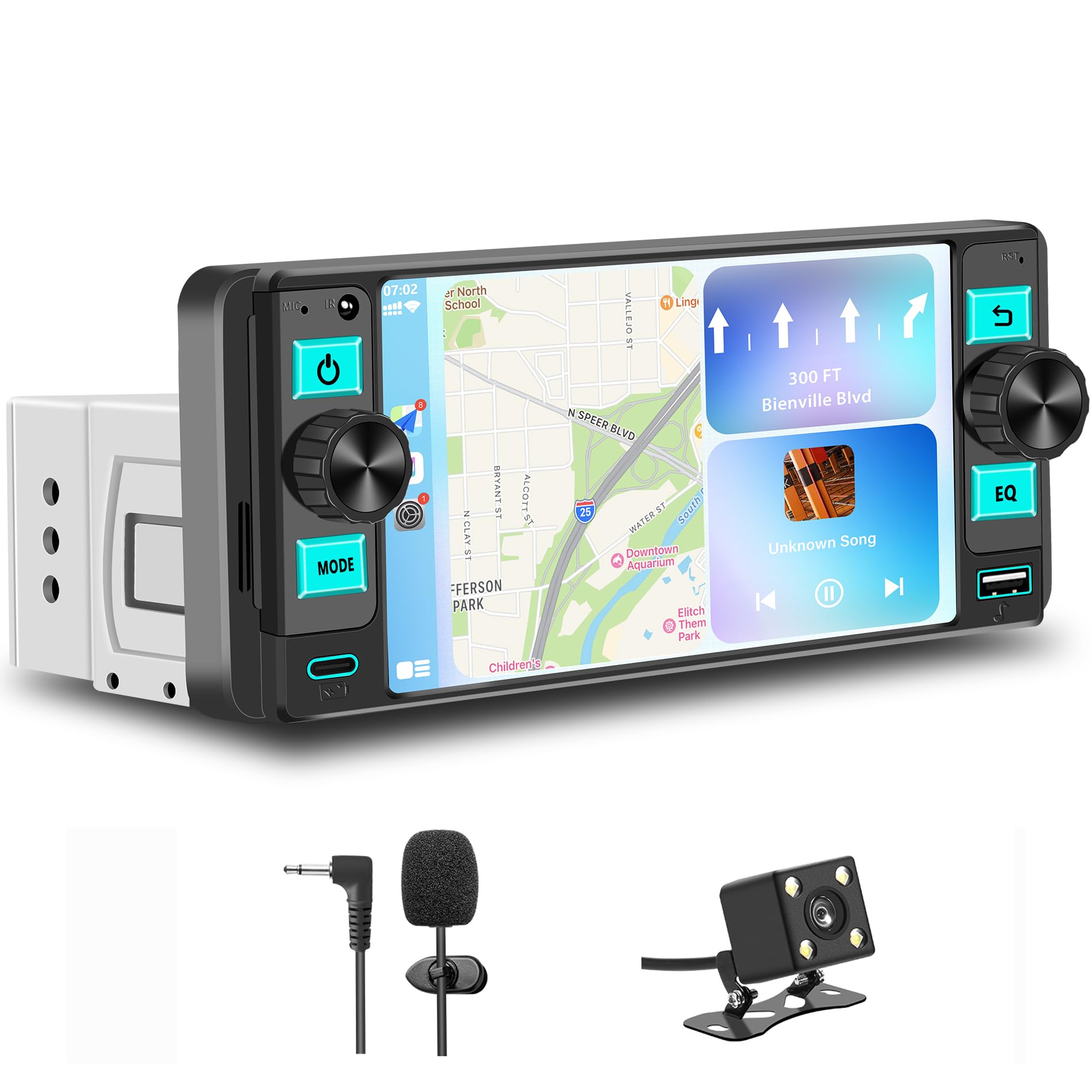 Autoradio Bluetooth 1 DIN con CarPlay & Android Auto, radio auto con schermo 5 pollici Touchscreen Lettore, Mirror Link/RDS FM Radio/USB/Type-C/Microfono/Telecamera di retromarcia