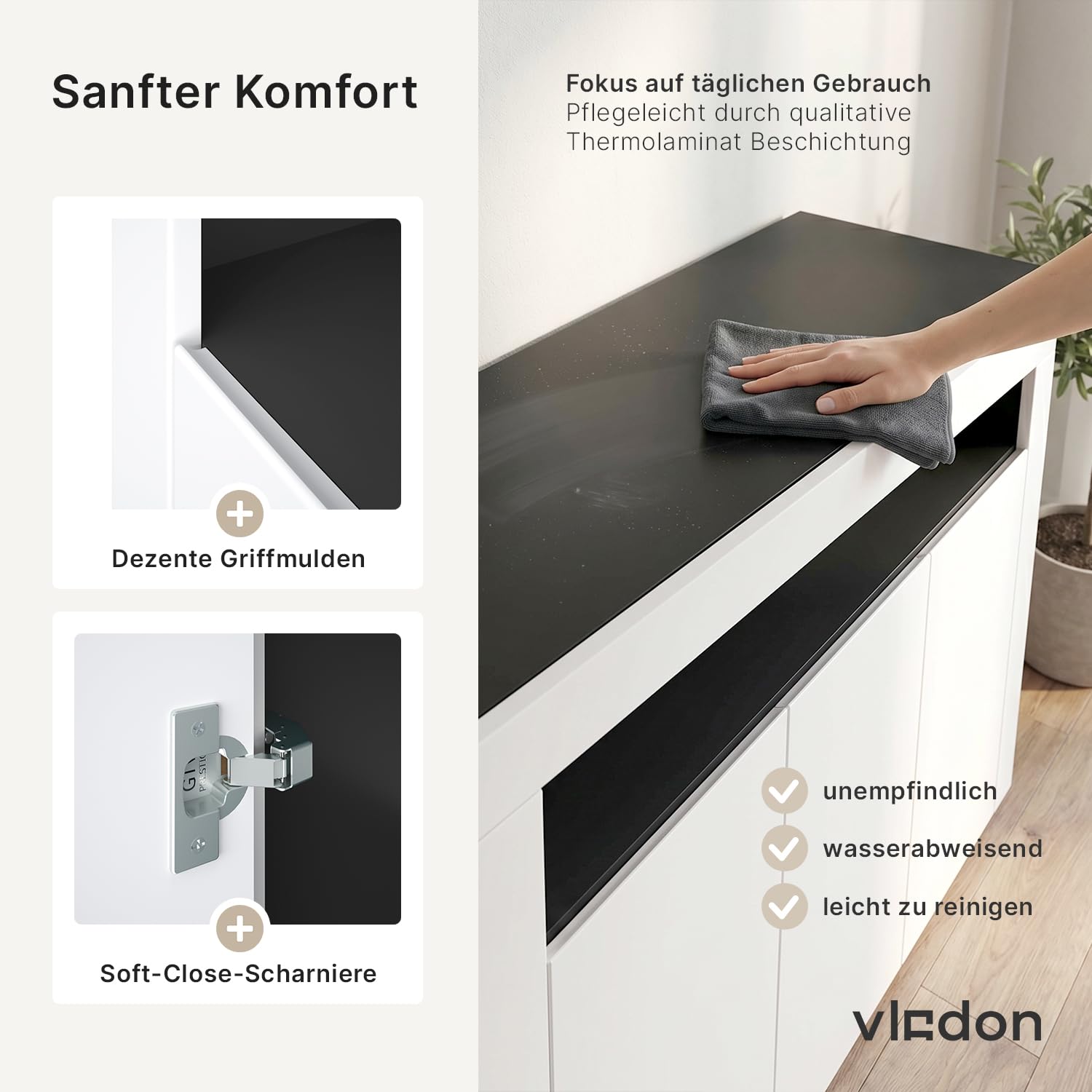 Vladon Sideboard Valencia, Kommode mit 3 Türen und 1 offenem Fach, Schwarz matt/Eiche Natur (155 x 92 x 40 cm)