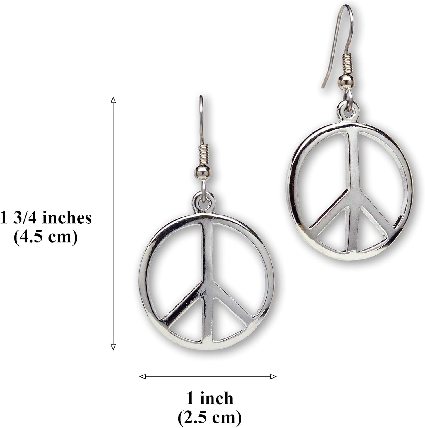 Hippie Peace Sign Dangle Earrings Polished Silver Finish Pewter - Image 3