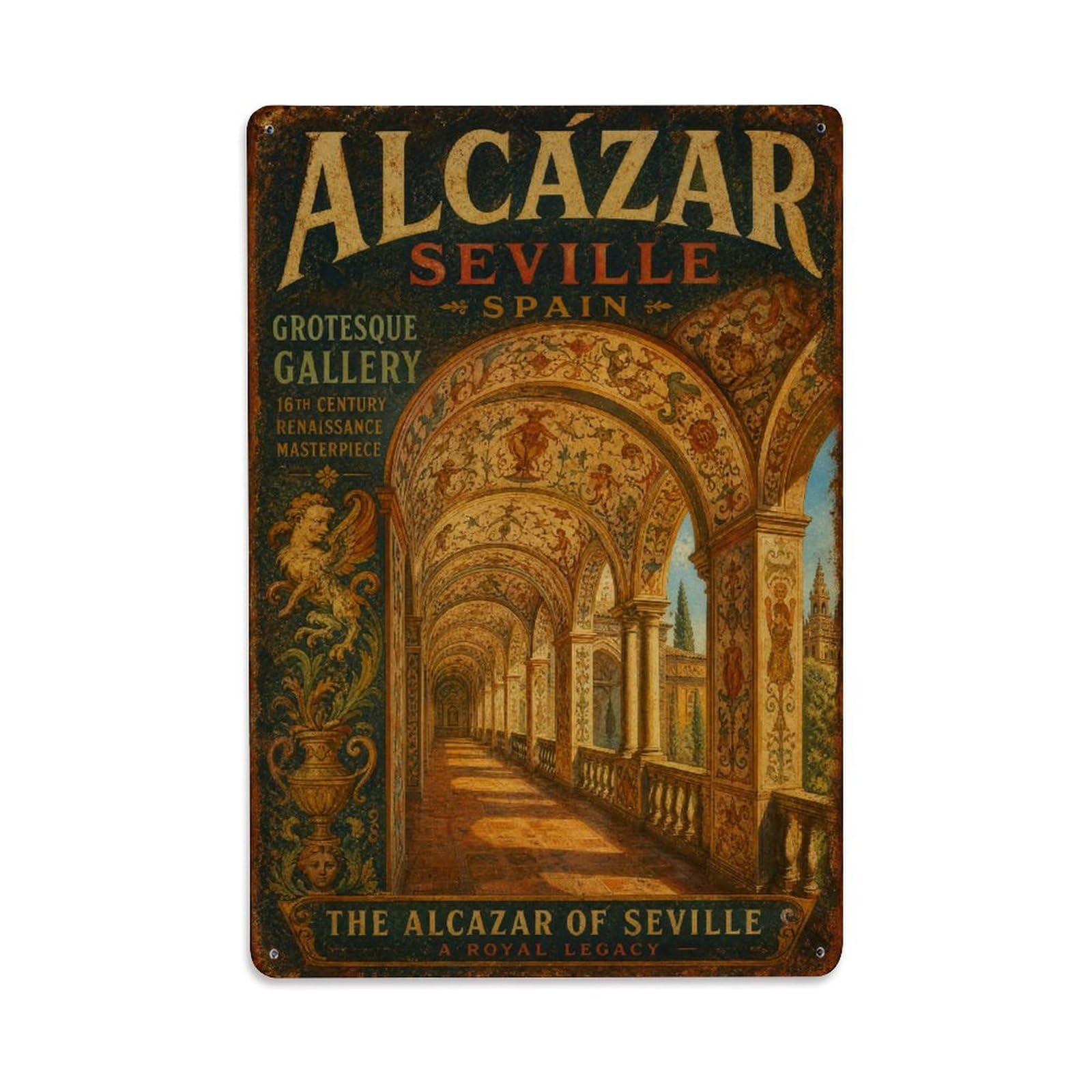 Yrnq 08X12inch Vintage Style Vintage Alcazar Grotesque Gallery Arched Corridor Spain Metal Tin Sign