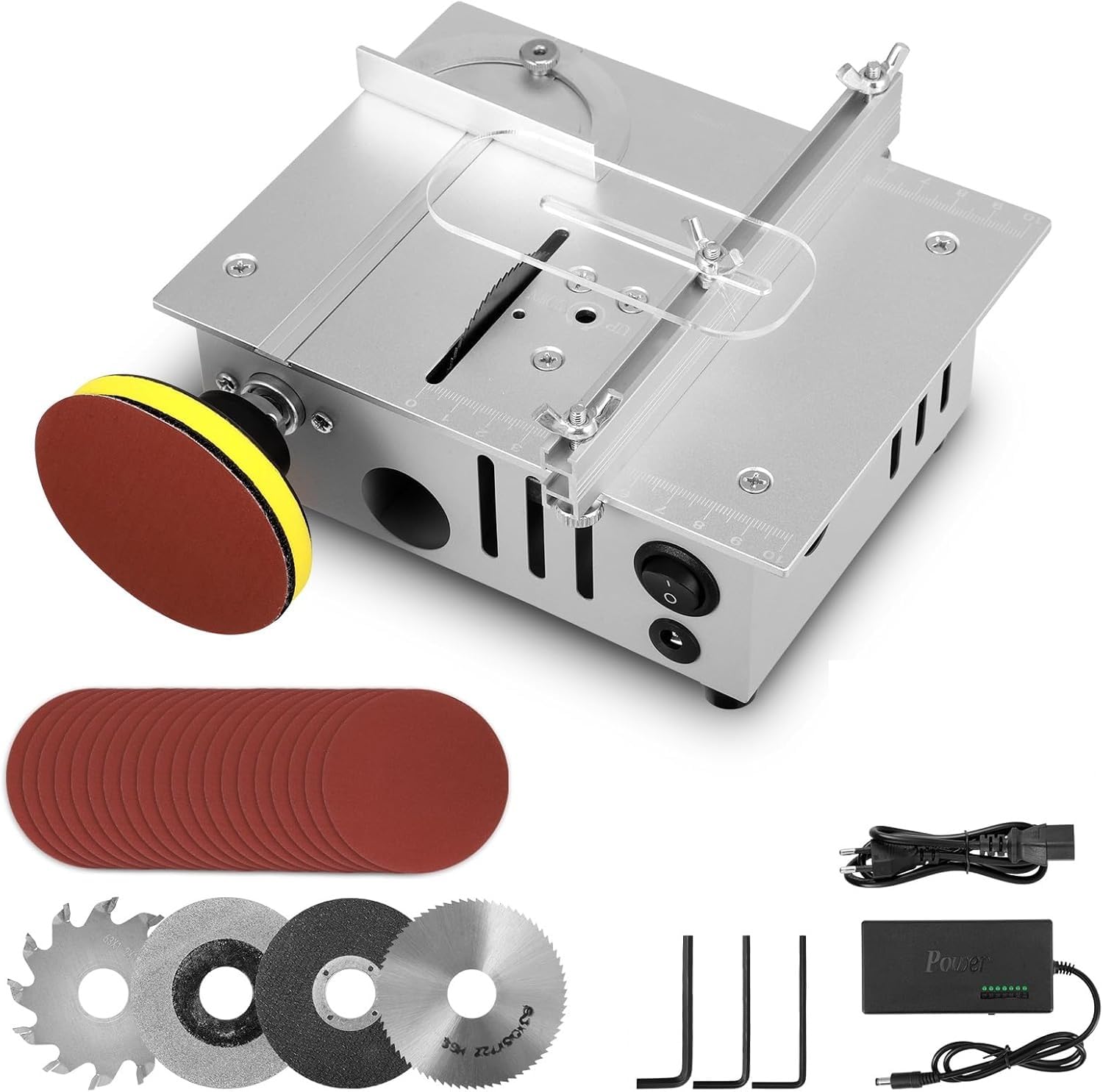 Mini sega circolare da tavolo con 4 lame, alimentazione a 7 velocità 96W Sega circolare di precisione portatile, lama da 0-15 mm Altezza regolabile per bricolage, legno, modellismo