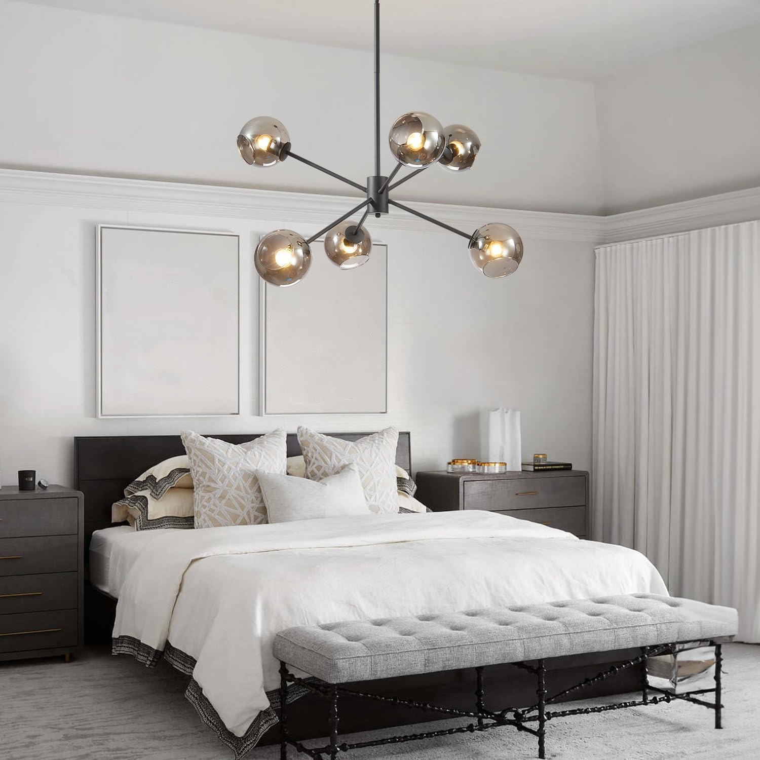 BOKT 6 Lights Modern Glass Globe Sputnik Chandelier Mid Century Matte Black Sputnik Pendant Light Fixture Adjustable Vintage Large Smoke Gray Ball Chandelier Pendant Light for Kitchen Living Room