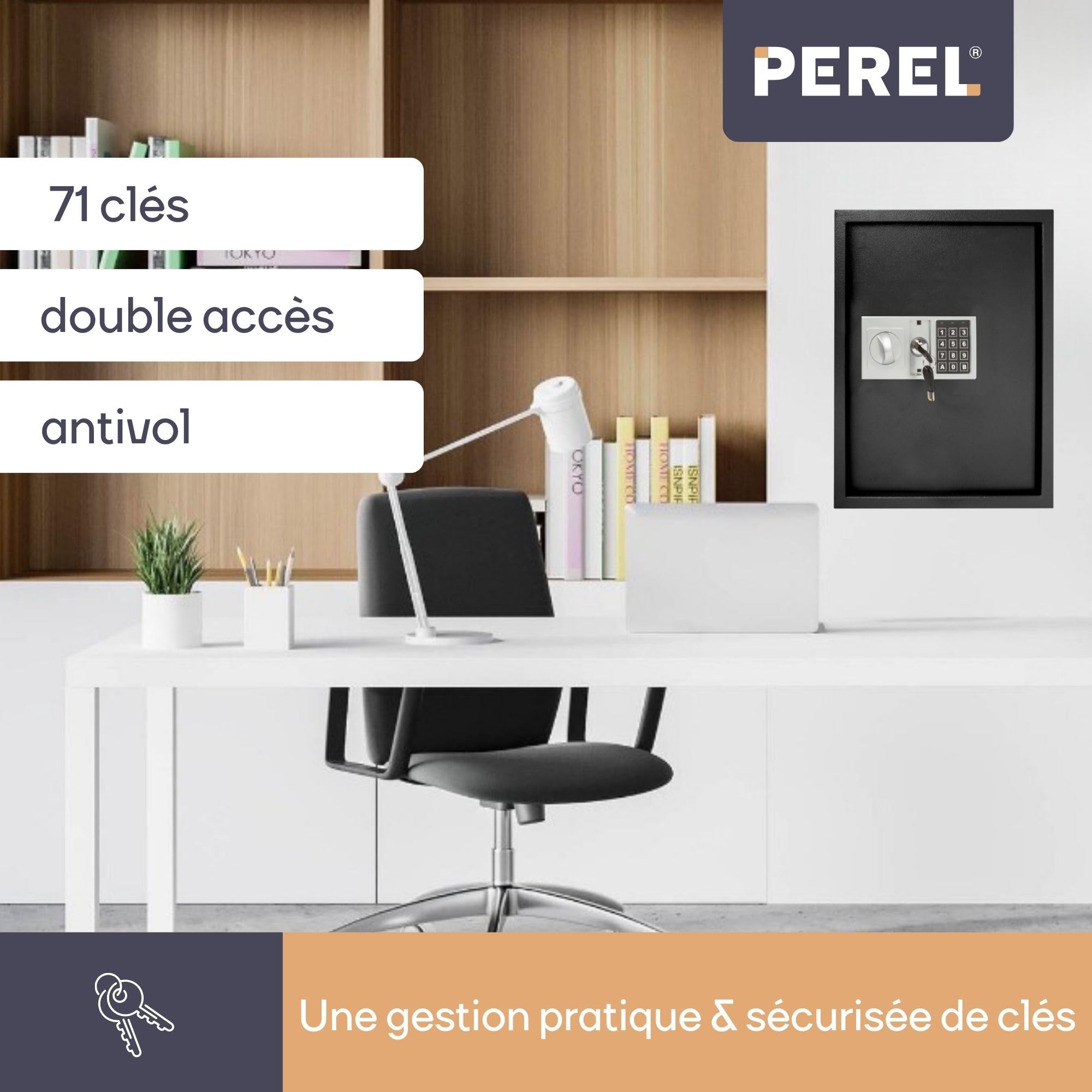 Perel Armoire à clés à Combinaison, 71 Crochets, avec 71 Porte-clés et 2 clés de Secours, Noir
