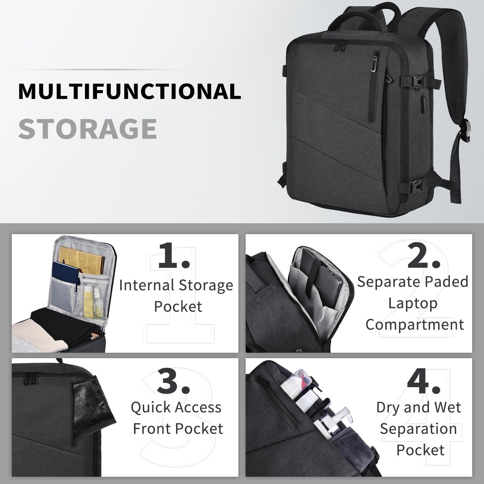 Leyrica Zaino da Viaggio 55x40x20 Bagaglio a Mano Unisex Borse da Cabina Zaino per Laptop Daypack Casual Zaino Lavoro Impermeabile (Grigio)