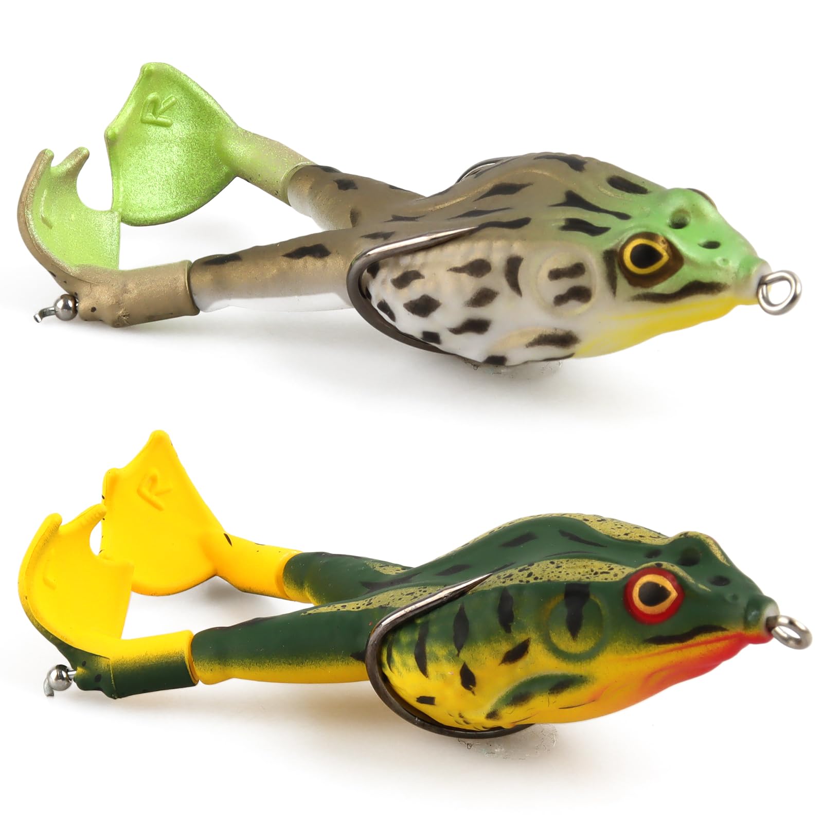 Pack of 2 Double Propeller Frogs, Ray Frog Lures, Fishing Lure Mixed Tackle, 9 cm Double Hook 360° Soft Bait Silicone Fishing Lure, 3D Double Propeller Frogs Soft Bait for Perch Trout Pike