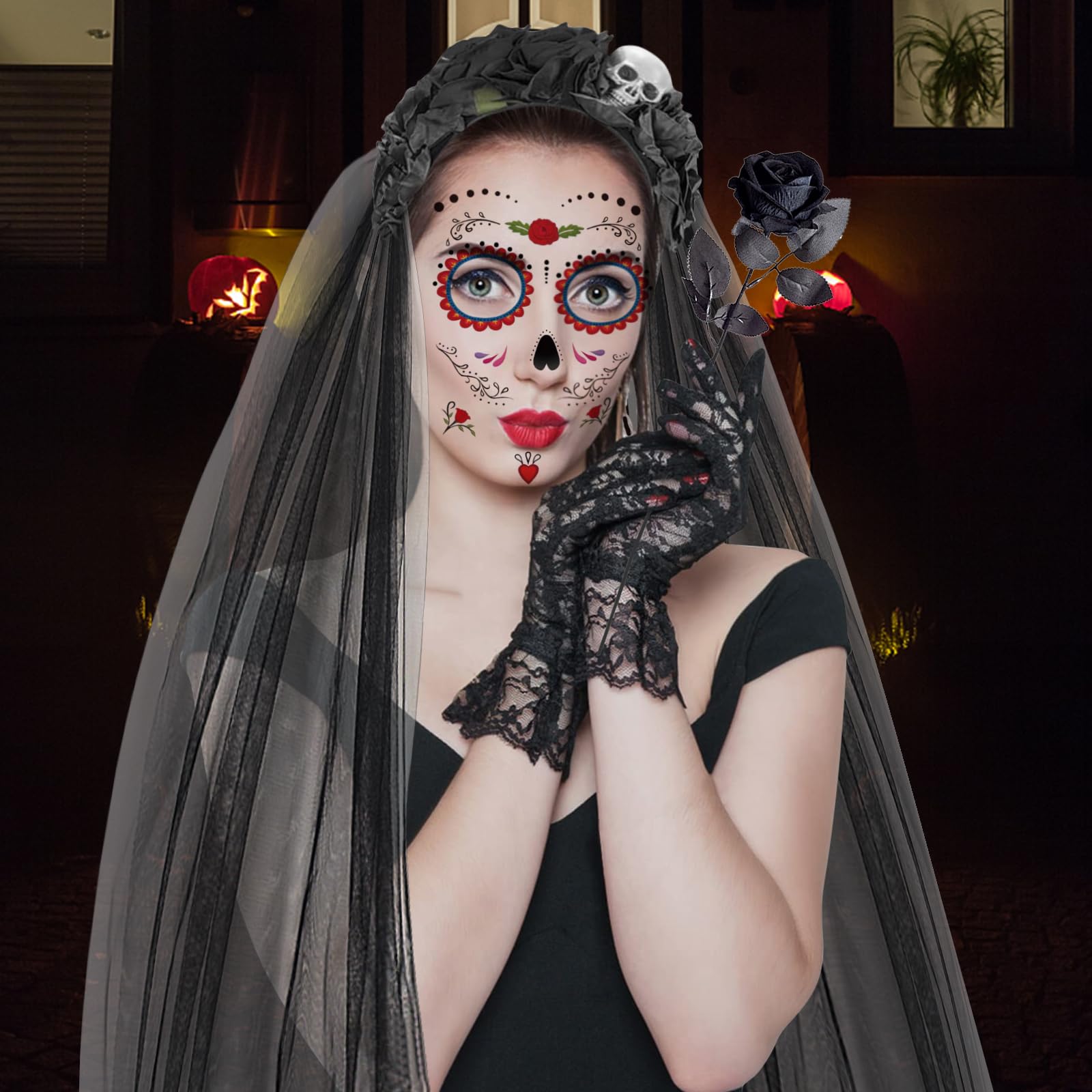 Costume di Halloween da donna, Dia De Los Muertos, cerchietto per capelli con velo, giorno del costume morto, per Halloween, per carnevale