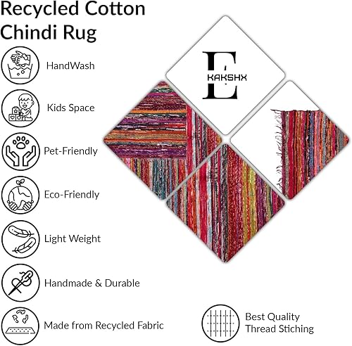 Miniatura 5 de EX - Alfombra de trapo Chindi multicolor de 3.3 x 5.6 pies, alfombra tejida a mano y alfombra reversible de algodón reciclado, alfombra chindi