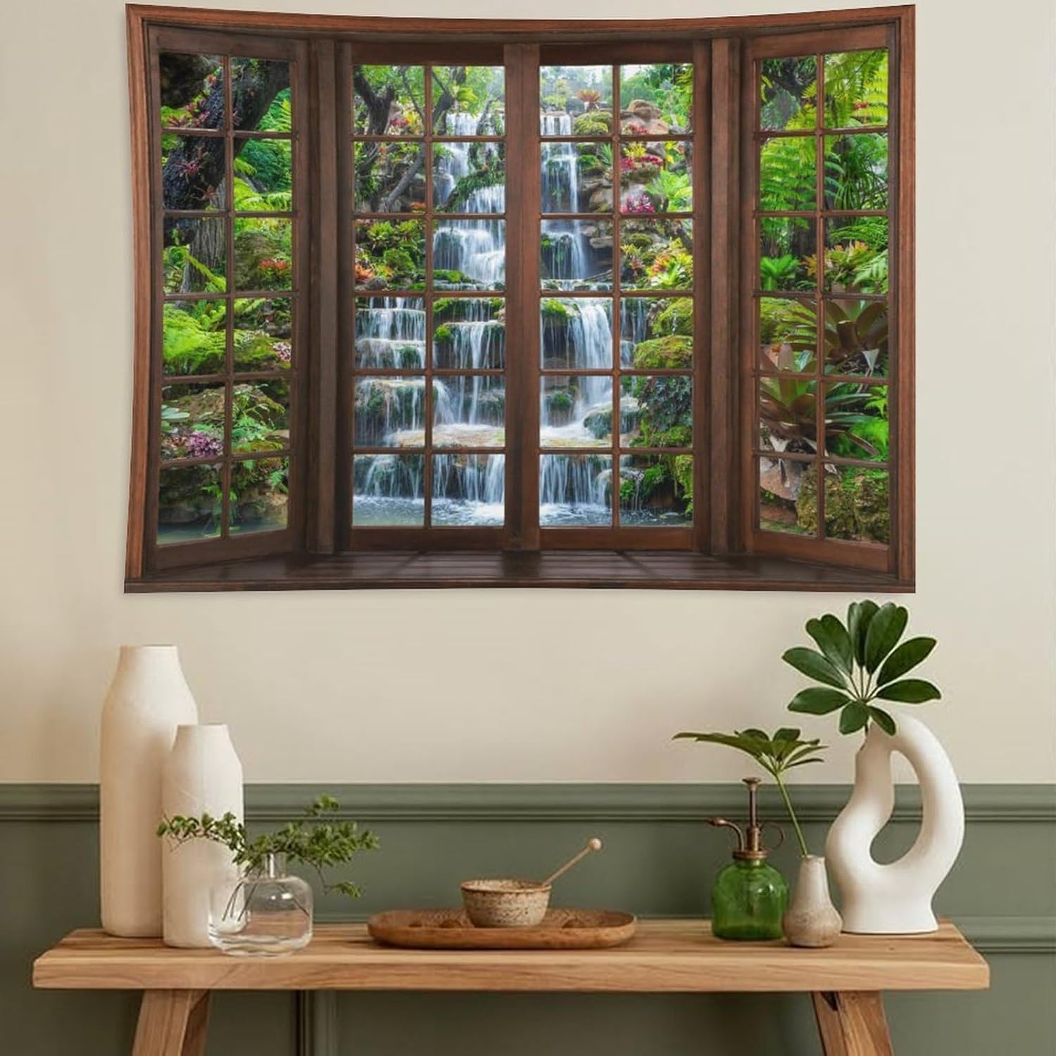 ZhiRain Natural Waterfall Tapestry Wall Hanging Beautiful Green Forest Garden Scenery Tapestries Home Decor for Living Room Bedroom Apartment Farmhouse Dorm 60"x80"