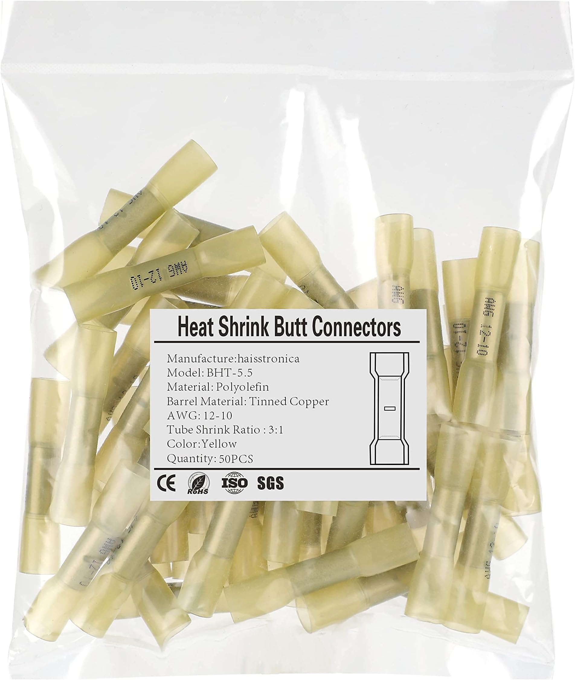 haisstronica 50PCS Yellow Heat Shrink Butt Connectors AWG12-10,Marine Grade Waterproof Heat Shrink Wire Connectors,Tinned Red Copper 1mm,Insulated Crimp Butt Splice Electrical Connectors