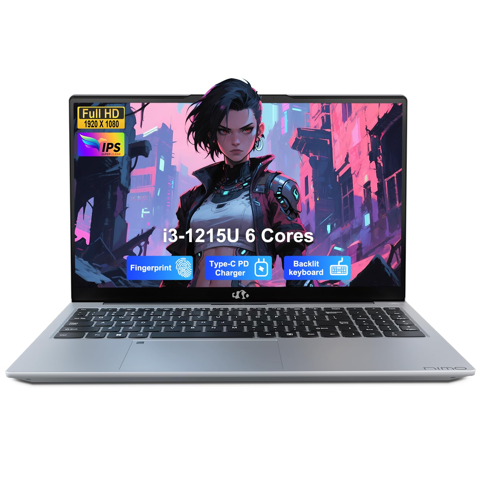 NIMO 15.6" IPS FHD-Student-Laptop, Intel 6 Cores I3-1215U (Up to 4.4GHz, Beats R5 7520U) 8GB RAM 128GB SSD Computer with 65W Type C Backlit Keyboard Fingerprint, for Home and Business