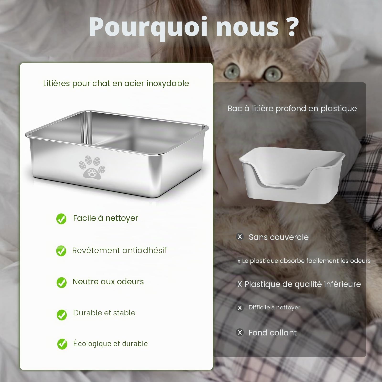 PTLOM Bac Litiere pour Chat Inox Acier Inoxydable Alimentaire: Bac à Litière Chat Entrée Basse Chats âgés, Bords Arrondis – Antirouille, Antiadhésif Convient aux Foyers avec Plusieurs Chats 60x40x20cm
