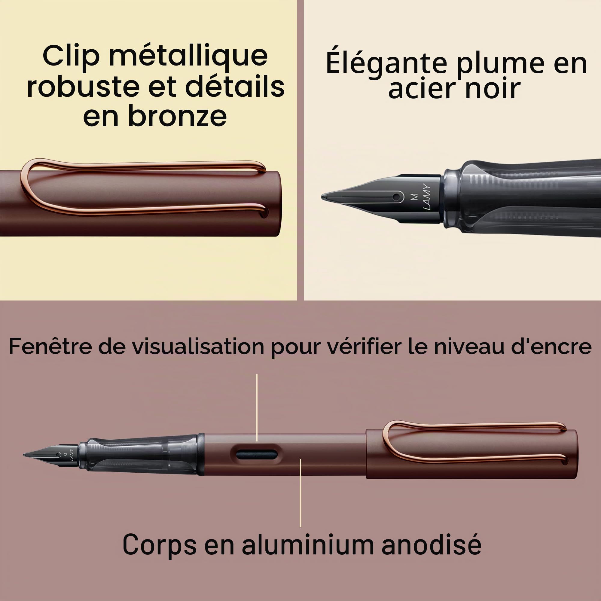 Lamy Stylo plume Lx en marron - Plume revêtue de PVD et prise ergon. - Plume en acier de taille B - Corps léger en aluminium - Cartouche d'encre bleue T 10 et un étui métal - Pour droitiers