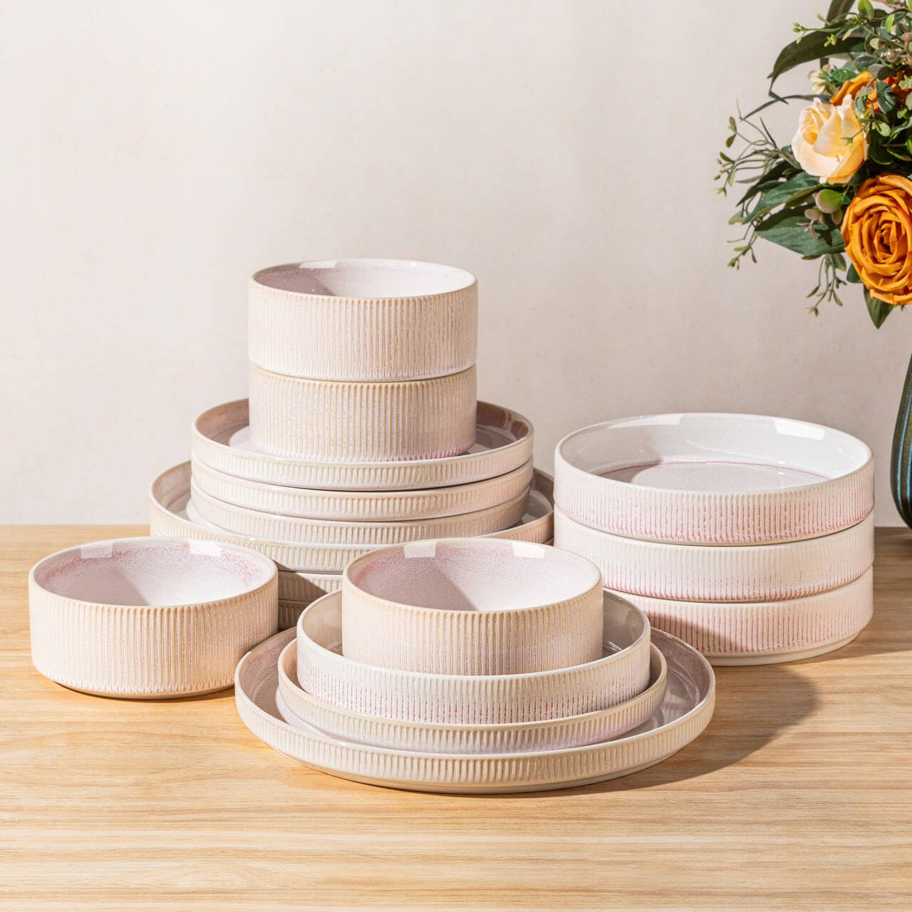TheTerra Ceramic Dinnerware Set for 4, 16-Piece Plates and Bowls Set