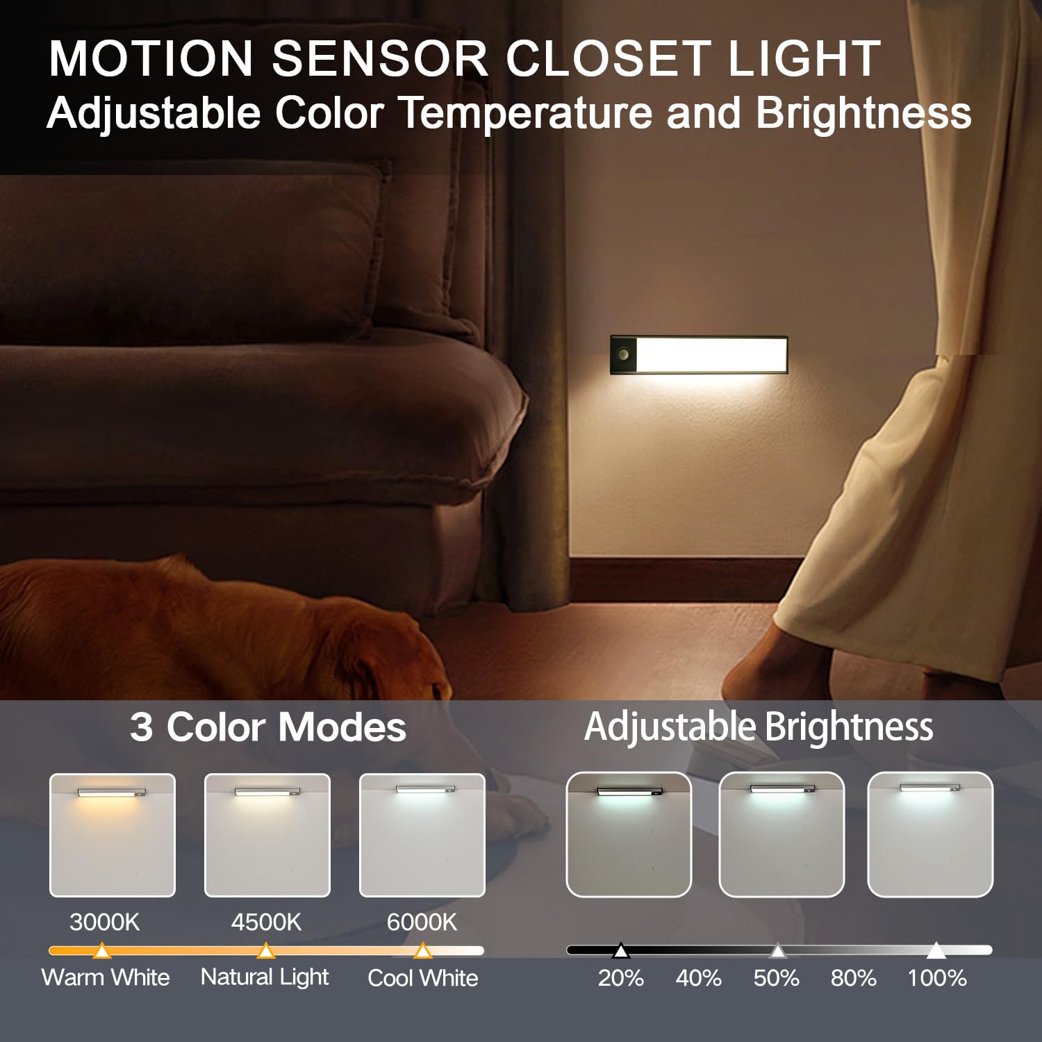 Iluminación LED para debajo del gabinete, luz magnética con sensor de movimiento para interiores, luces de armario recargables de 3200 mAh, luces debajo del mostrador para escaleras de cocina (8