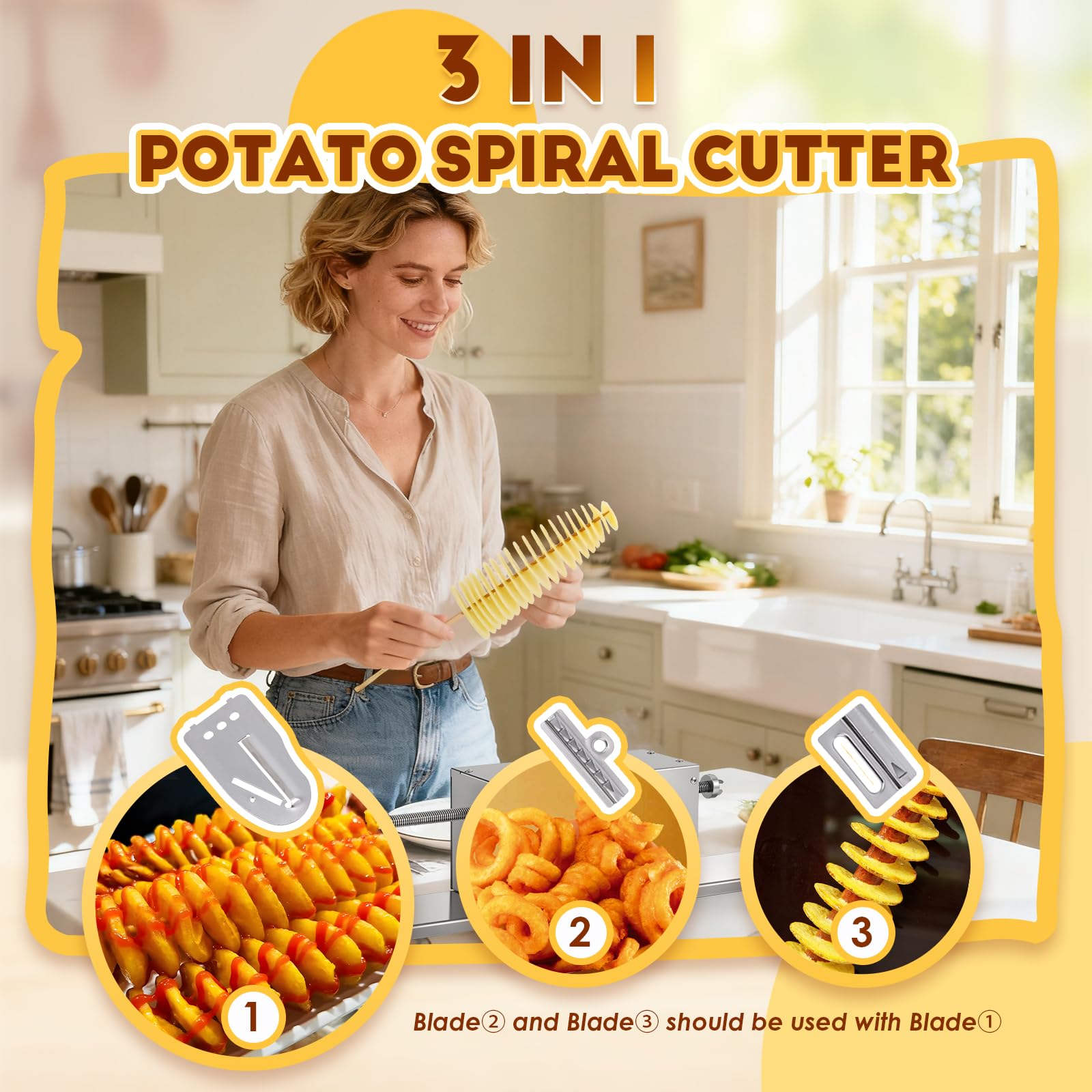 CGOLDENWALL Spiralschneider Kartoffelschneider Elektrischer, Tornado Kartoffel Spiralschneider Edelstahl für Lockige Pommes und Tornado Chips, Kartoffeln, Karotten, Gemüse, Obst, Gurken