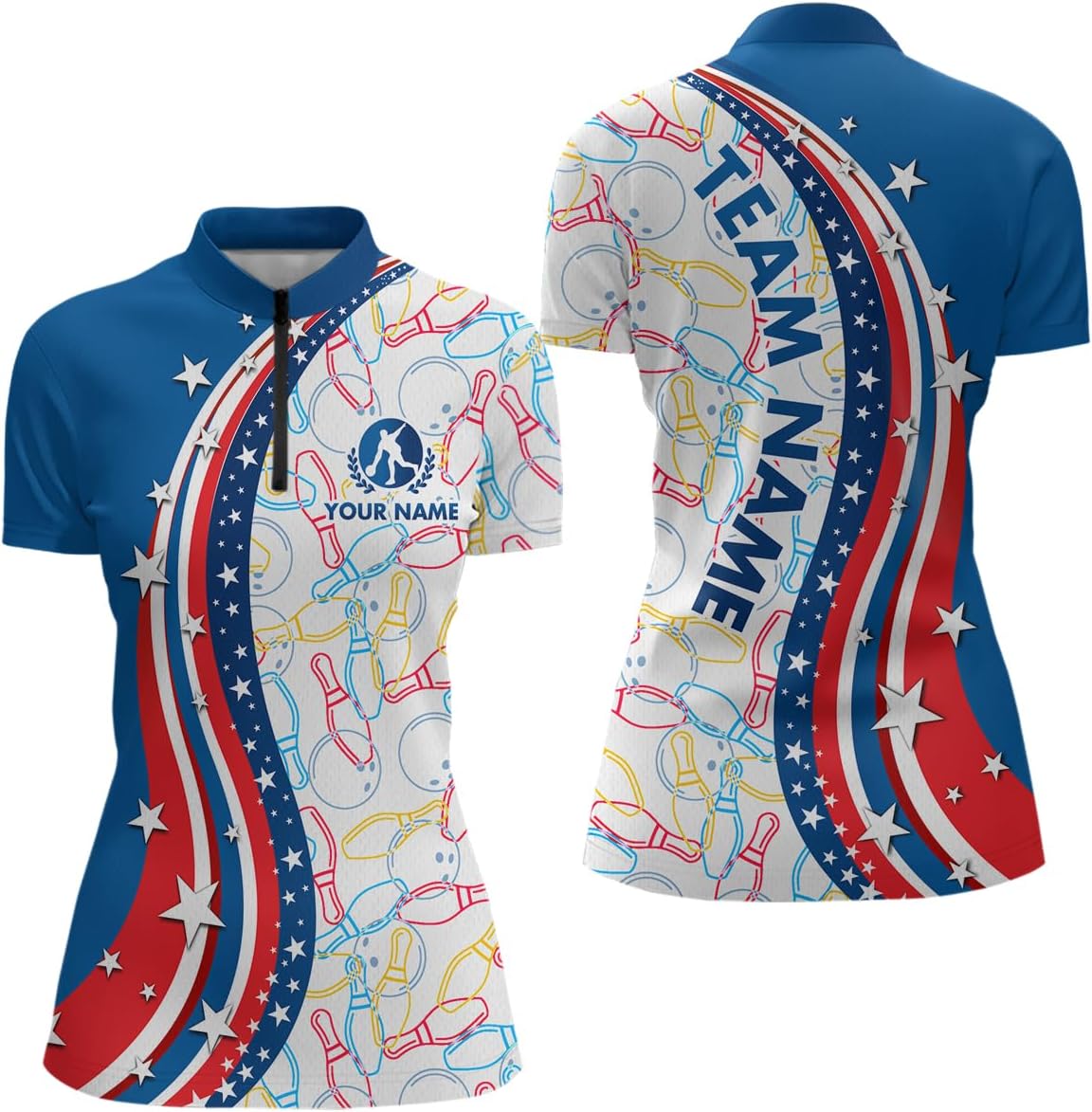 American Flag Bowling Shirts Custom Men's Bowling Polo Shirt Women's Bowling Jersey Polo 1/4 Zip Shirt