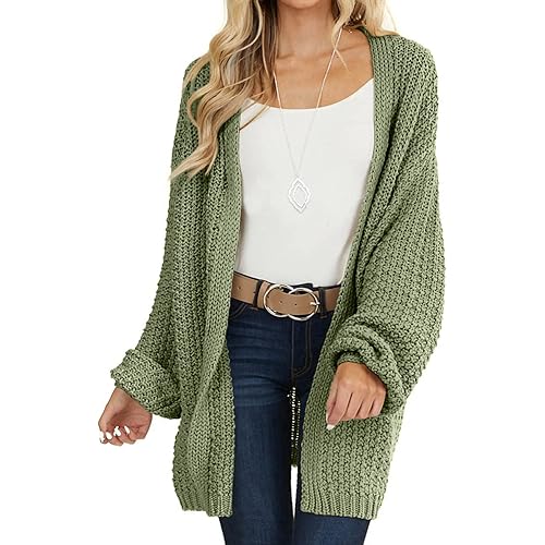 MEROKEETY Women's Open Front Chunky Knit Sweater Oversized Lantern Sleeve Cardigan Outwear