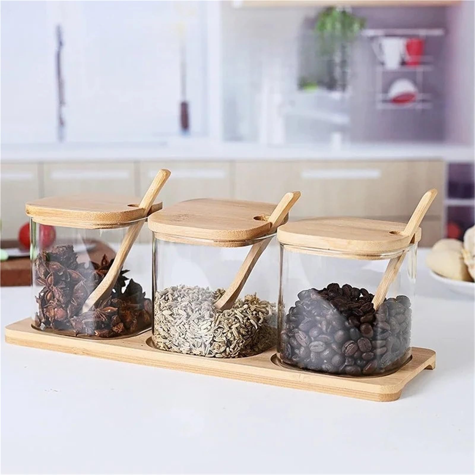Set da 3 barattoli di vetro for condimenti con coperchio, cucchiaio e vassoio portaoggetti, sale, zucchero, spezie, contenitore for alimenti, organizer cucina per Cucina