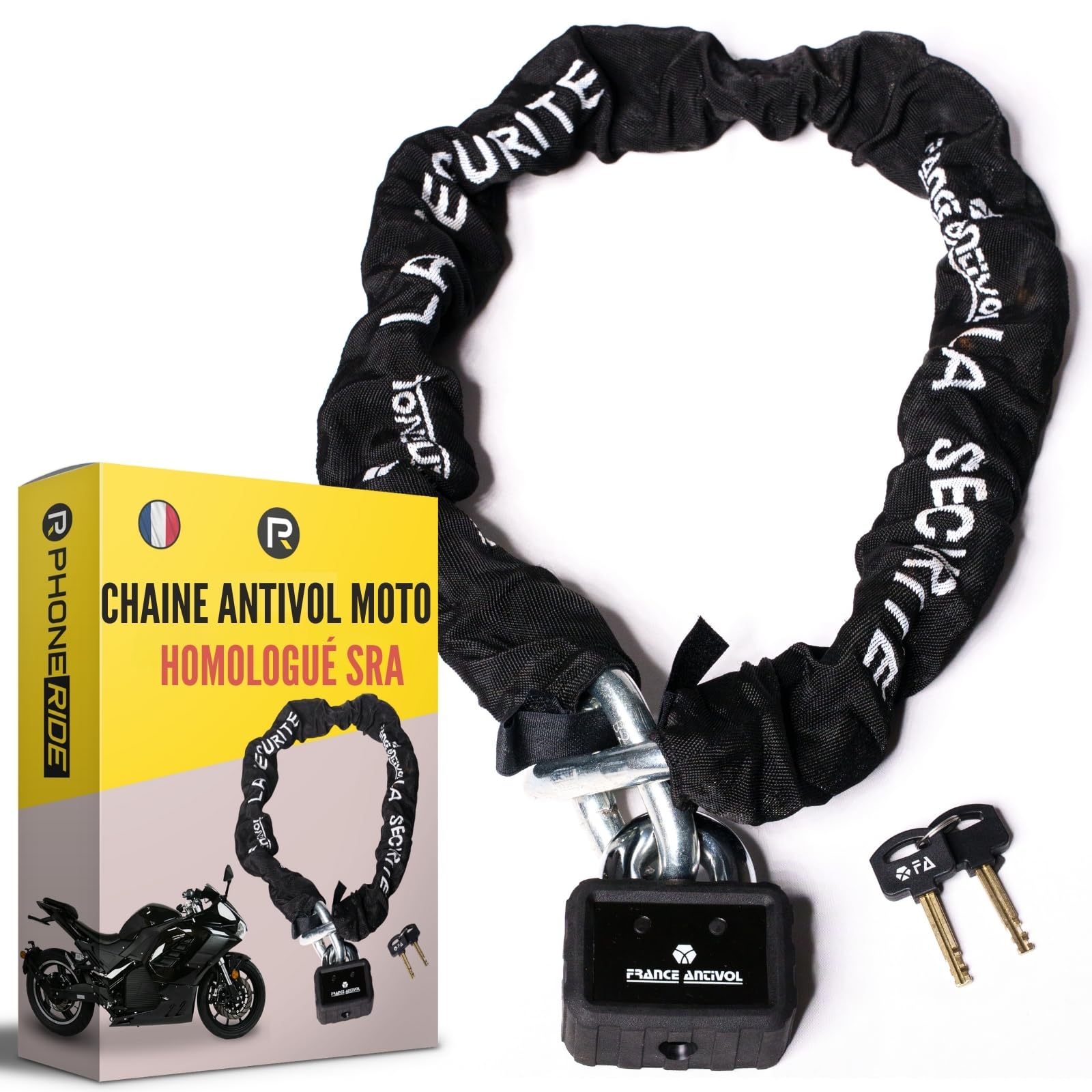 Chaine Antivol Moto SRA Longueur 120cm - Ø15mm - Chaine Antivol Moto en Acier Cémenté Conforme Aux Normes de Sécurité Française Pour Moto et Scooter - Clé réversible (Chaine ELITE MC 15120)