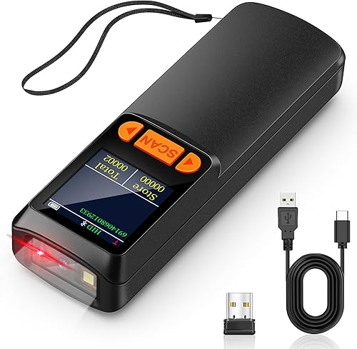 KUIIYER Mini escáner de código de barras Bluetooth, escáneres inalámbricos 2D QR 1D de código de barras con pantalla LCD y teclado de ajuste y voz