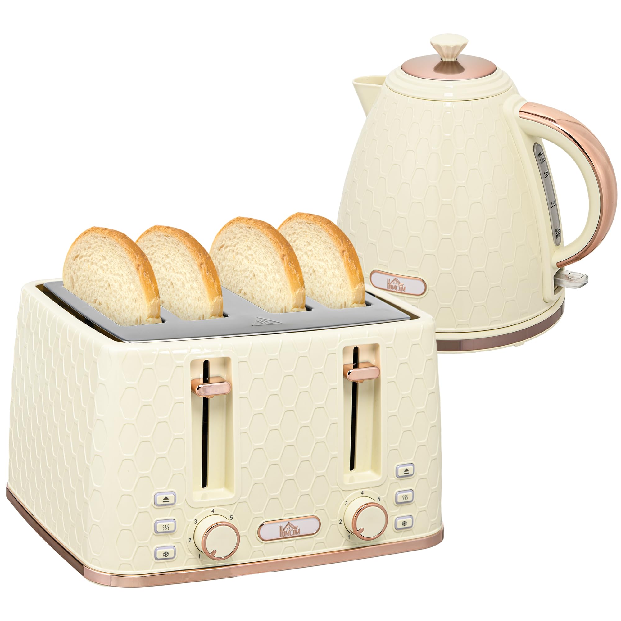 Homcom Beige 1.7L Kettle And Toaster Set With Defrost Reheat And Crumb Tray