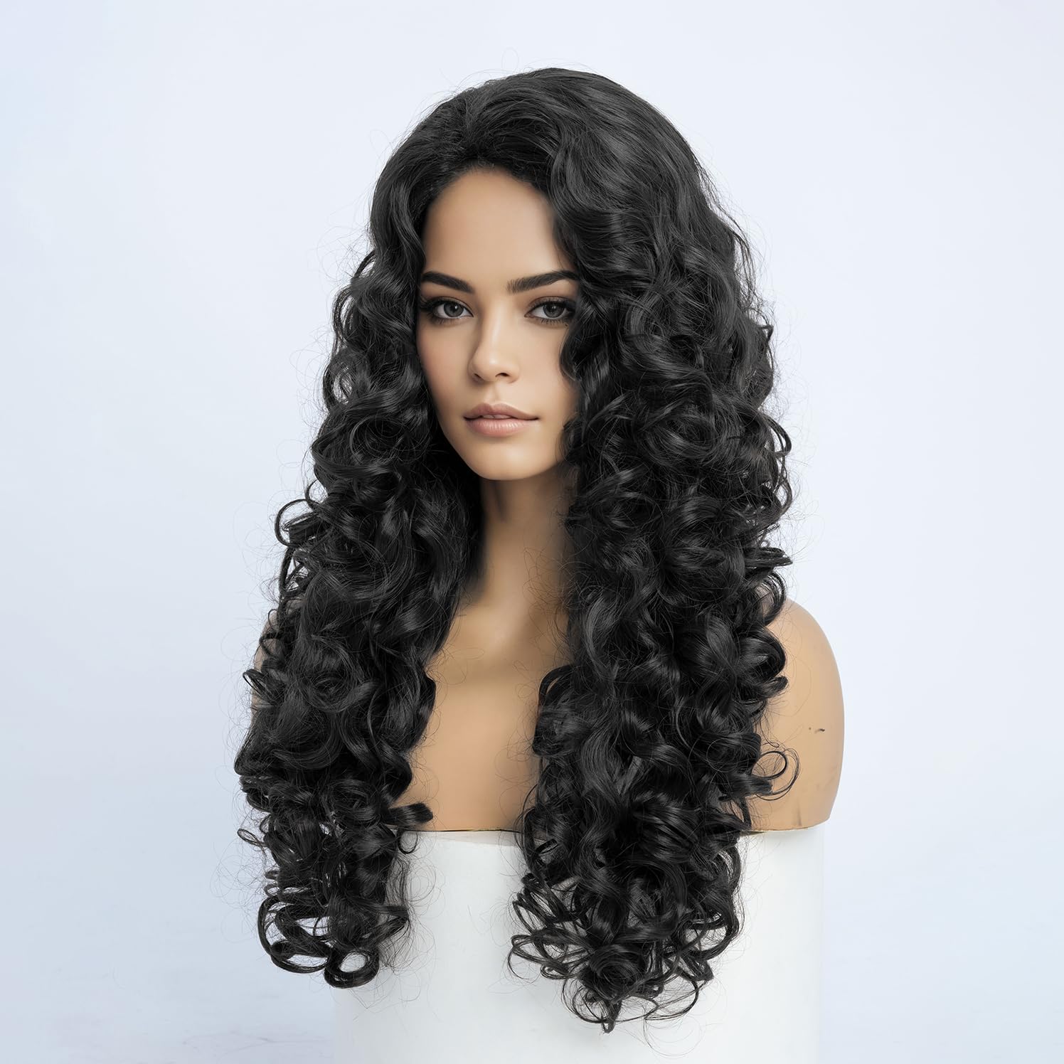 SIMKAYLEE Long Natural Black Curly Wig Wavy Styled Halloween 80s Wigs for Women Full Head Cosplay Costume Party Hairpiece Use (24 inches) - Image 3