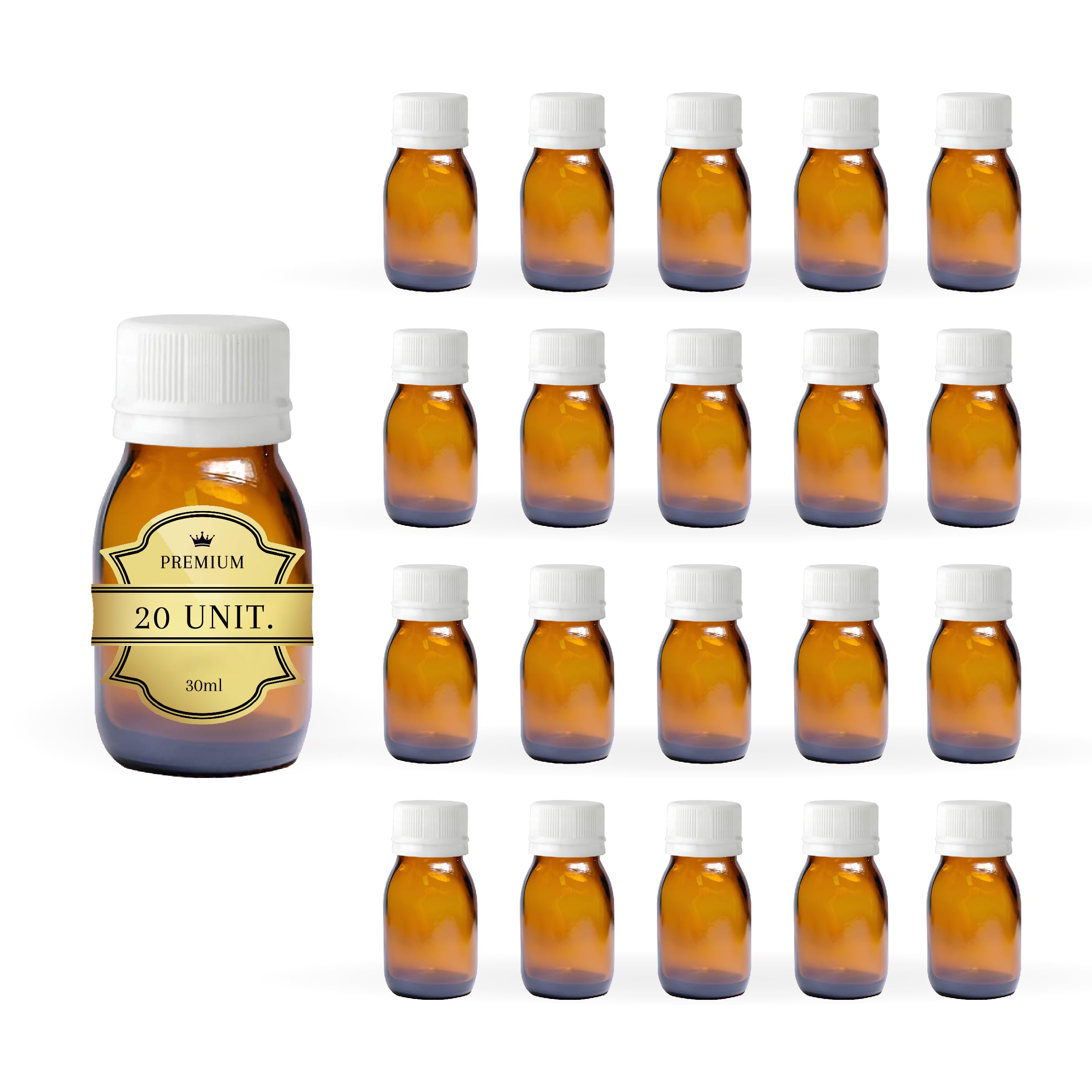 Espirito Rebelde 20x Flacon Vide en Verre Ambré de 30 ml avec Couvercle en Plastique - Flacon pour Huiles Essentielles, Cosmétiques, Produits de Laboratoire, Médicaments - Aromathérapie