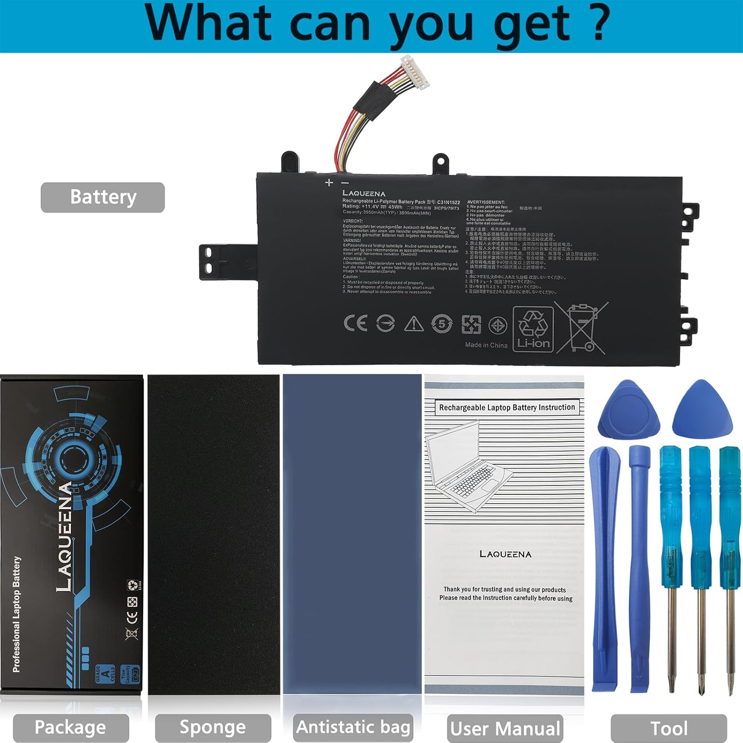 C31N1522 Laptop Battery Compatible with ASUS Q553U N593UB N593UB-1A Series C31PMC6 0b200-01880000 11.4V 45Wh
