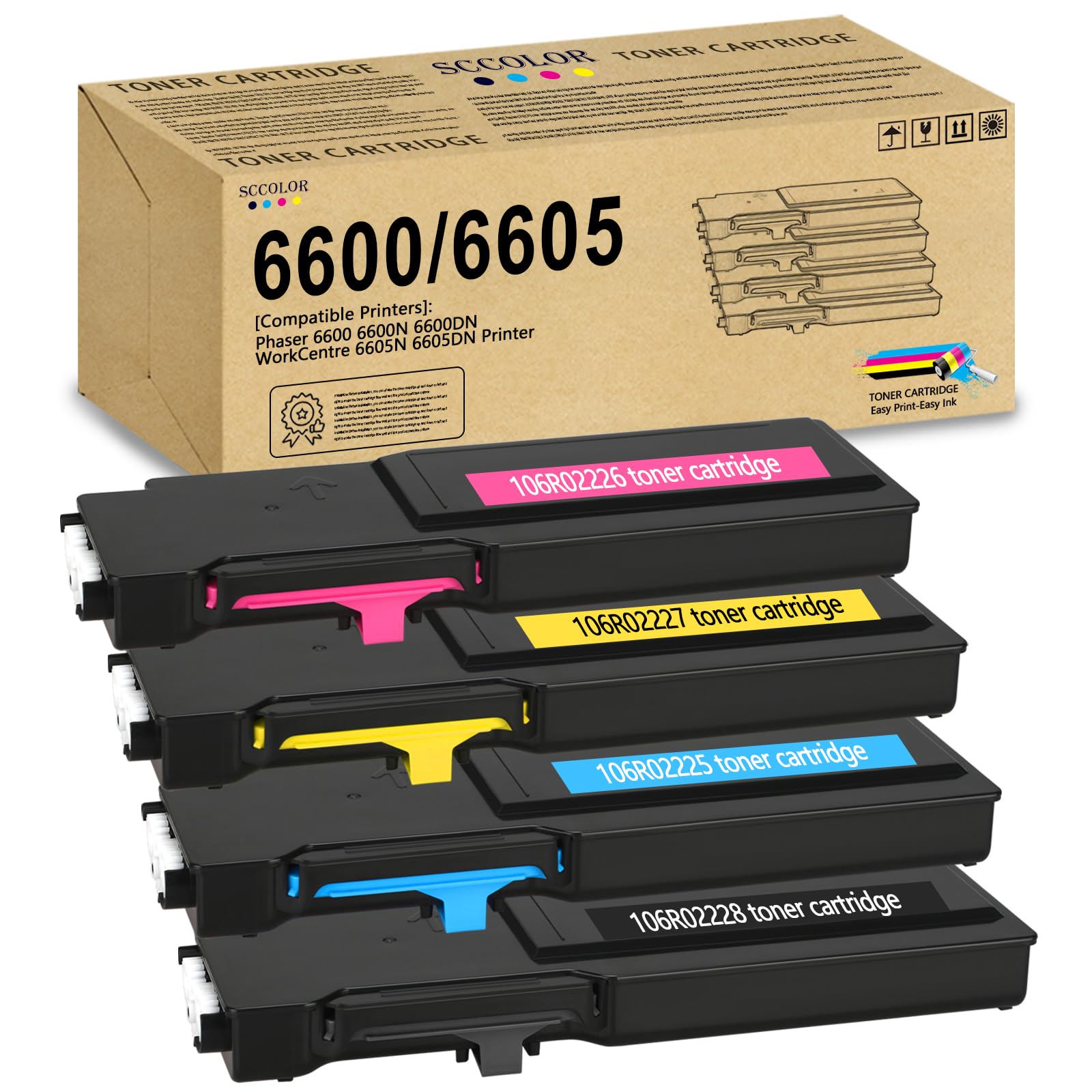 SCCOLORPhaser 6600 WorkCentre 6605 Toner Cartridge High Capacity 4 Pack 106R02228 106R02227 106R02226 106R02225 Toner Replacement for Xerox Phaser 6600 6600N 6600DN WorkCentre 6605N 6605DN Printer