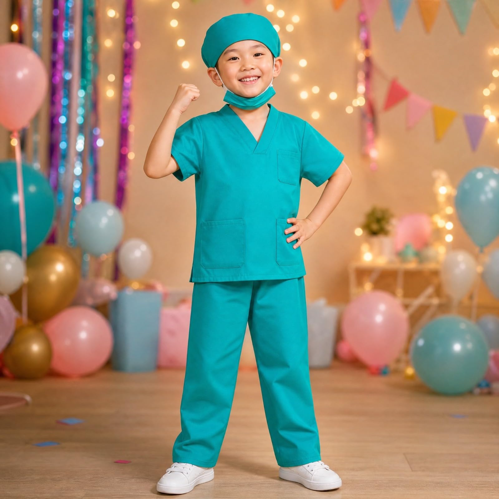 Kinder-Arztkostüm aus Polyester weich verarbeitet OP-Kostüm mit Hose und Kappe bequem Kinderarzt-Outfit-Set für Rollenspiel, Schultheater, Fasching, Rosa, 110CM