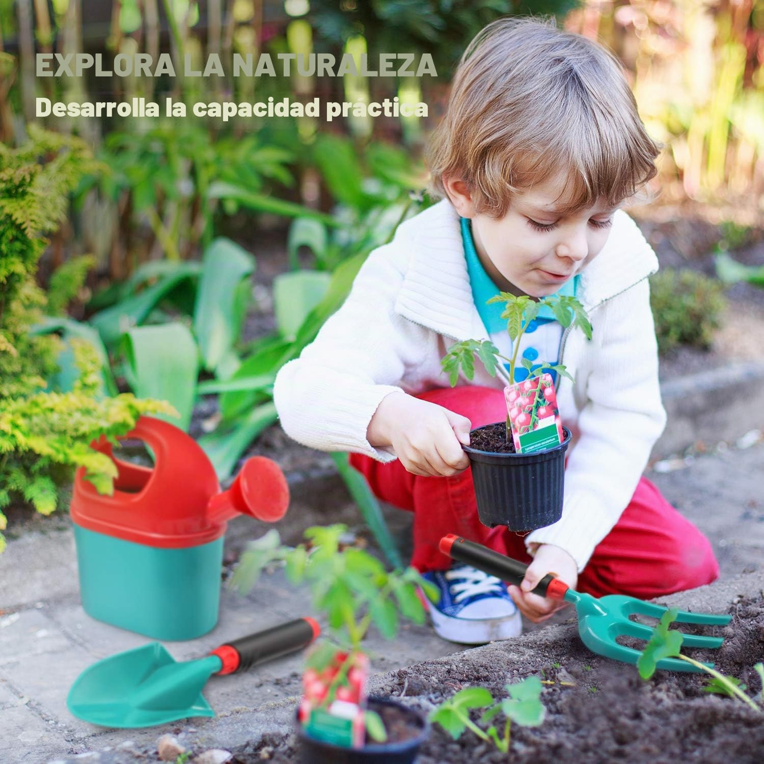 CUTE STONE - Carretilla infantil para niños, juego de herramientas para jardinería, juguetes de jardín con carretilla, guantes, rastrillo de mano, pala, doble azada, juguetes para interior y exterior