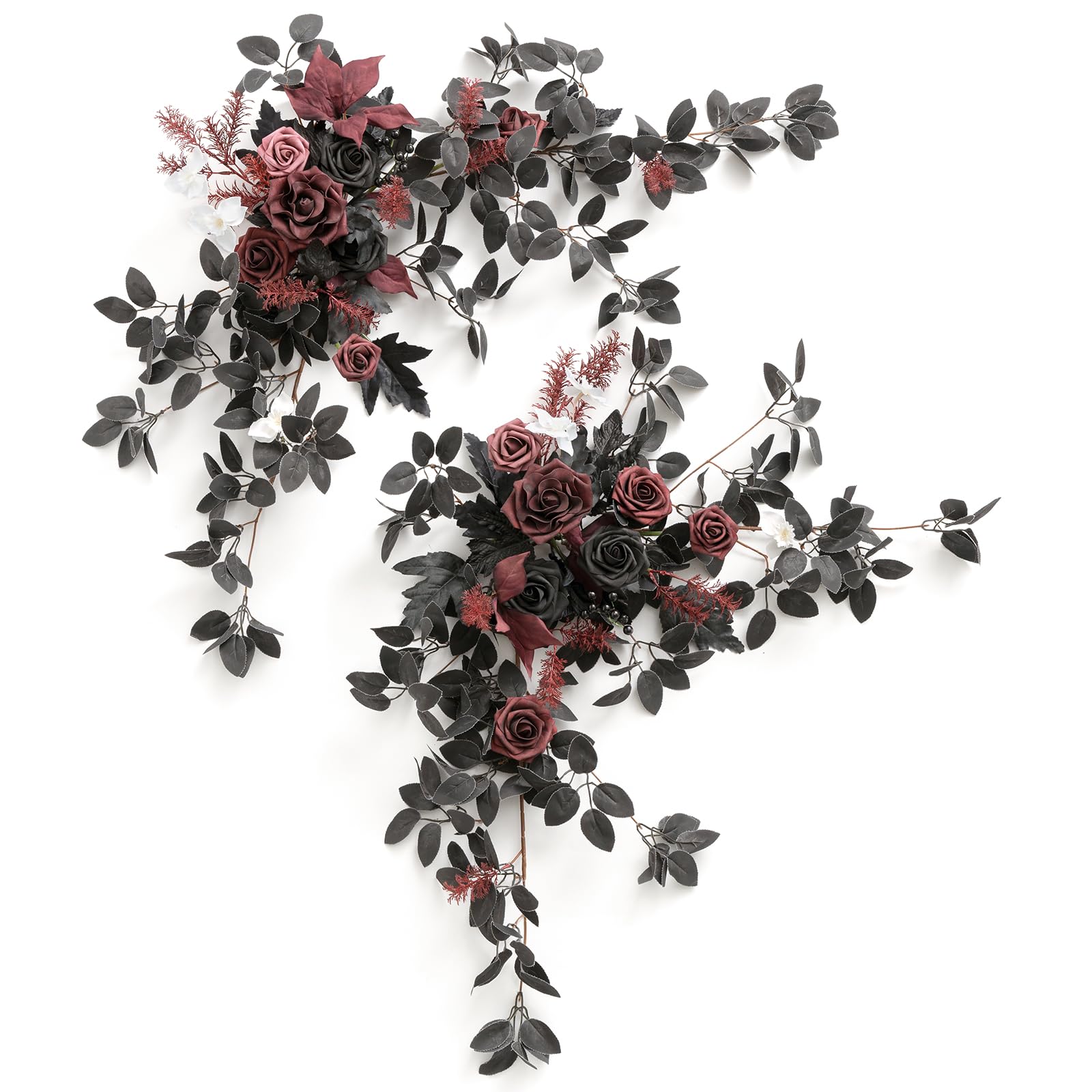 Photo 1 of Ling's moment 2PCS Black Artificial Floral Swags Arch Flowers Burgundy Wedding Rose Garland Greenery Arrangements Centerpieces for Sweetheart Table Decor Wall Window Garden Decor Maroon Gothic