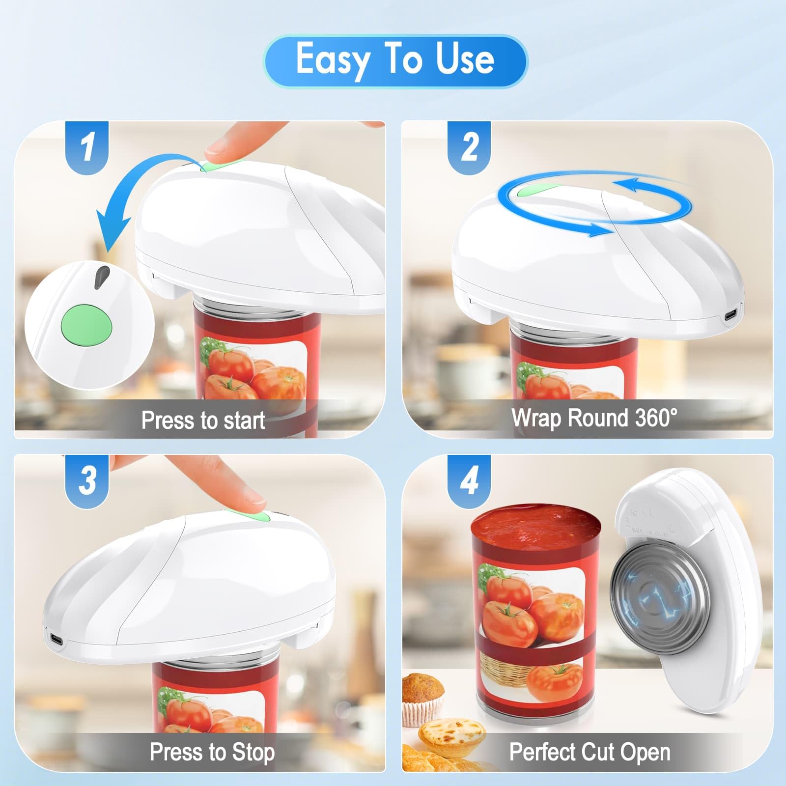 Abrelatas eléctrico, recargable y cable USB, abrelatas automático con operación de un solo toque, seguro para todos los tamaños de latas, abrelatas de cocina para personas mayores, artritis y mamá