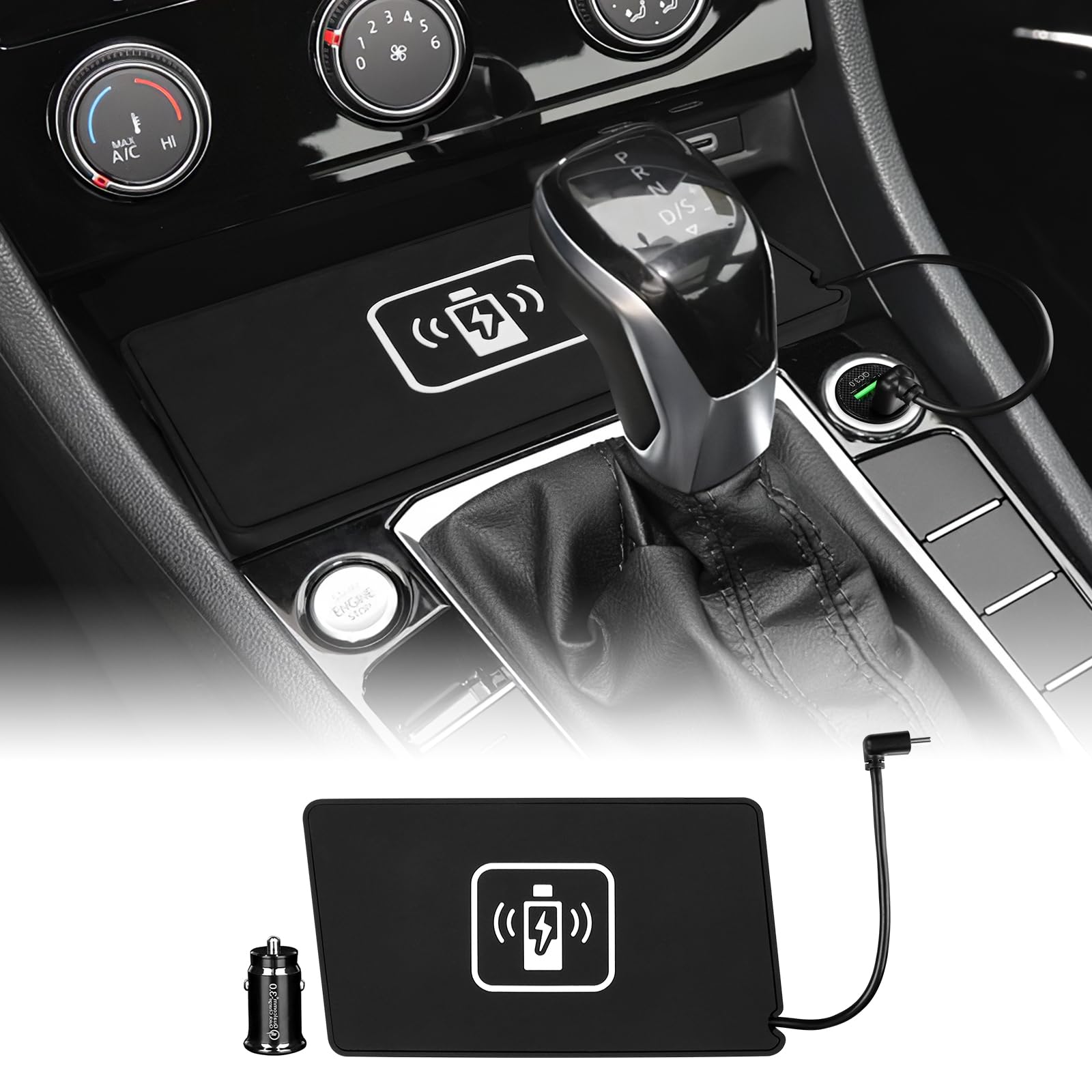 FDAIUN Compatible with Volkswagen Jetta Sprint 2019 2020 2021 2022 2023 Wireless Charger Pad Silicone Dual Charging Ports 15W Adapter for Smartphone Phone (Black)
