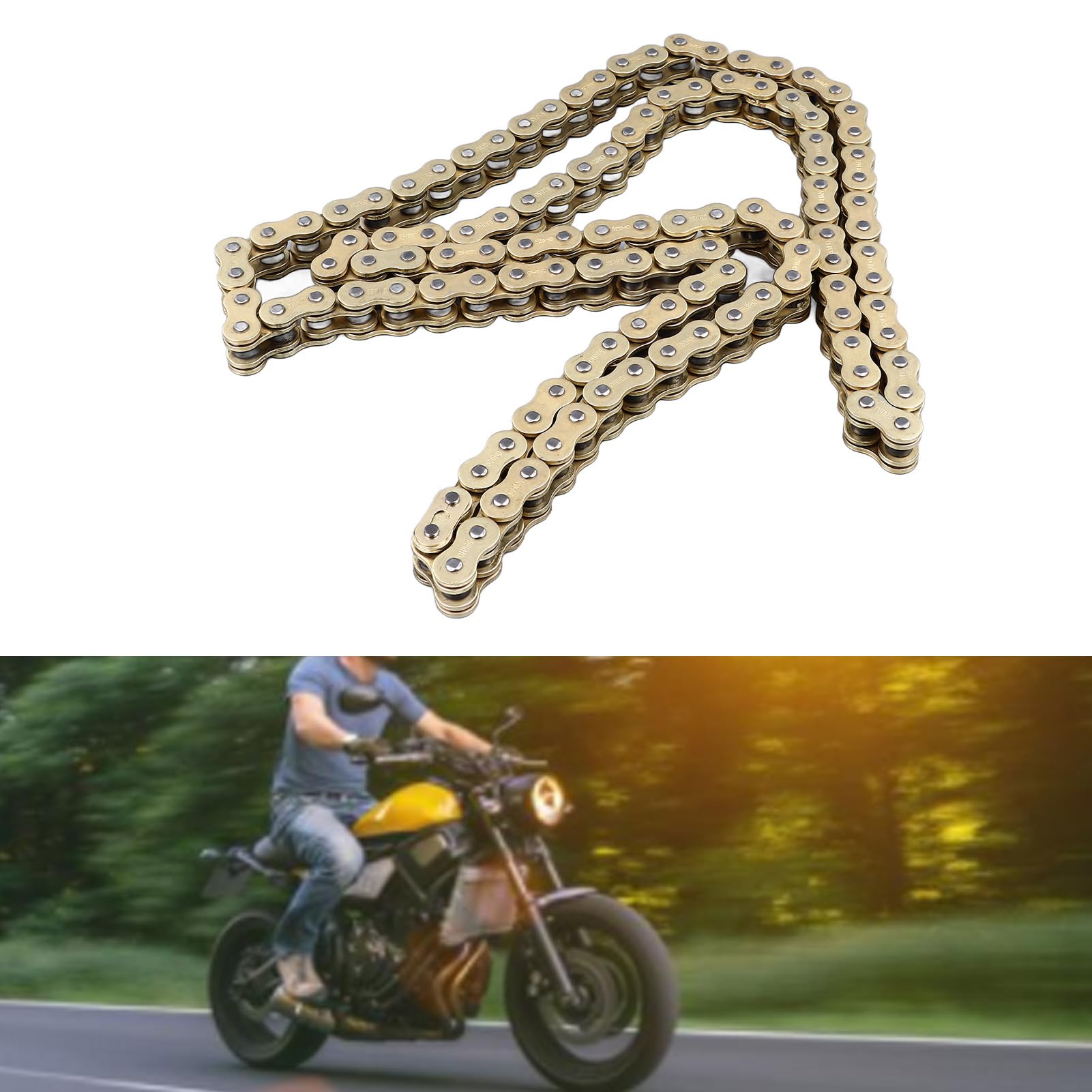 520HO - Catena con paraolio per motociclo da 116L, catena di trasmissione in acciaio al carbonio rinforzata, catena di trasmissione dorata antiruggine con placcatura in rame per la
