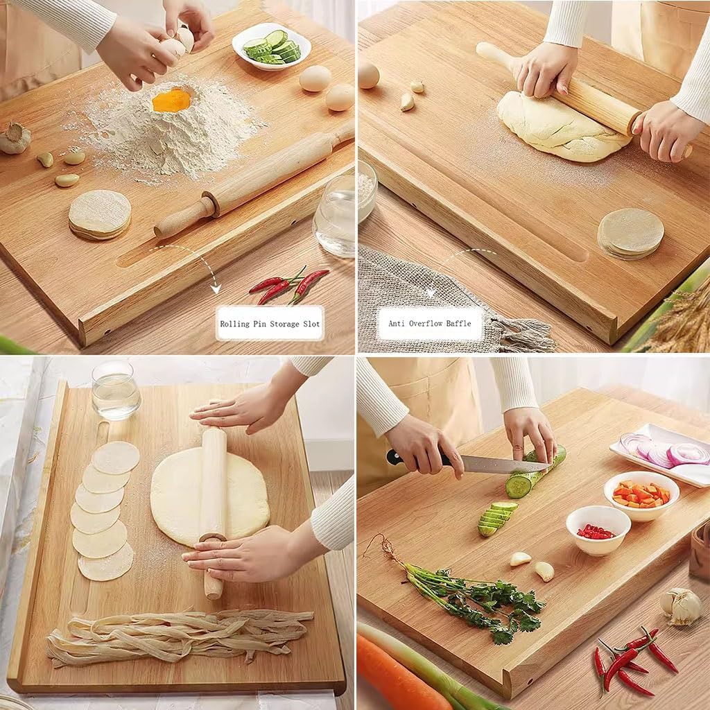 Tablero de pastelería de madera con rodillo, superficie de amasado reversible, ranura de jugo y diseño de labios para masa, verduras picadoras, queso, frutas, alfombra de corte antideslizante