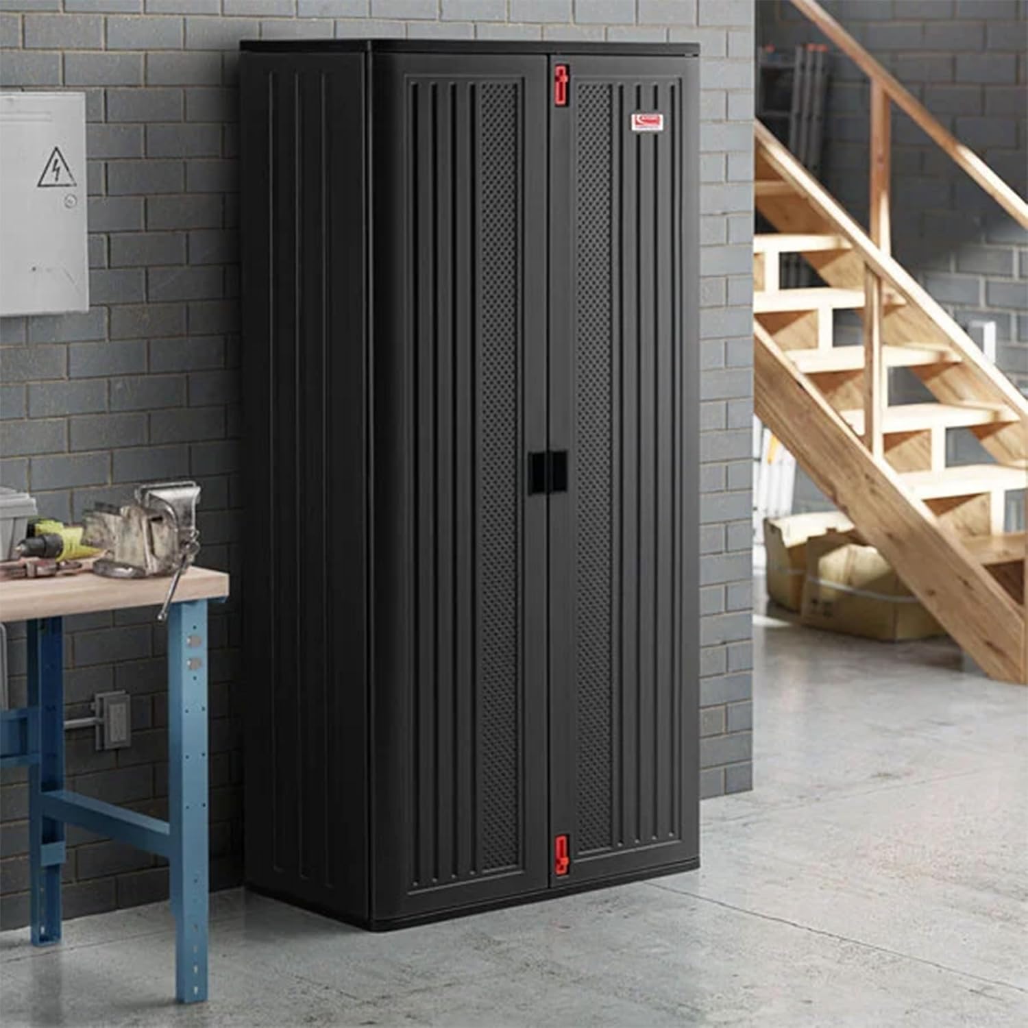 Suncast Commercial 4 Shelf Mega Tall Storage Cabinet, Lockable Garage Utility Shelving Unit, Heavy Duty Plastic Resin Organizer, Gray