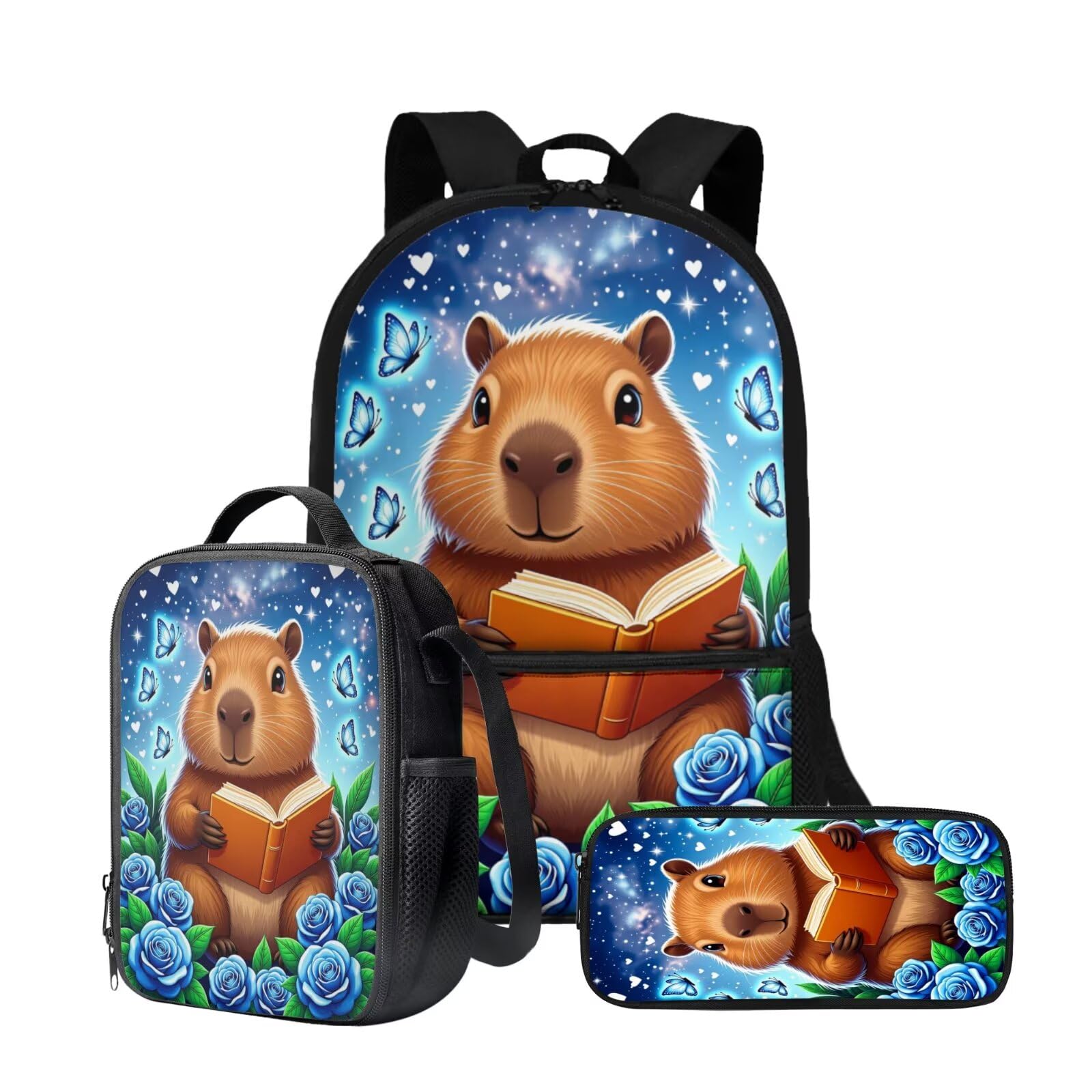 3-in-1-Rucksack für Kinder, Jungen, Schultaschen-Set mit isolierten Lunch-Taschen, Stifthalter, Schultaschen-Sets, Süße Capybara-Rose, One Size, Schulranzen-Set