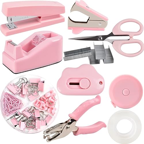 ChezMax El kit de accesorios de escritorio rosa incluye engrapadora con grapas, dispensador de cinta transparente, tijeras de empuje, clips de