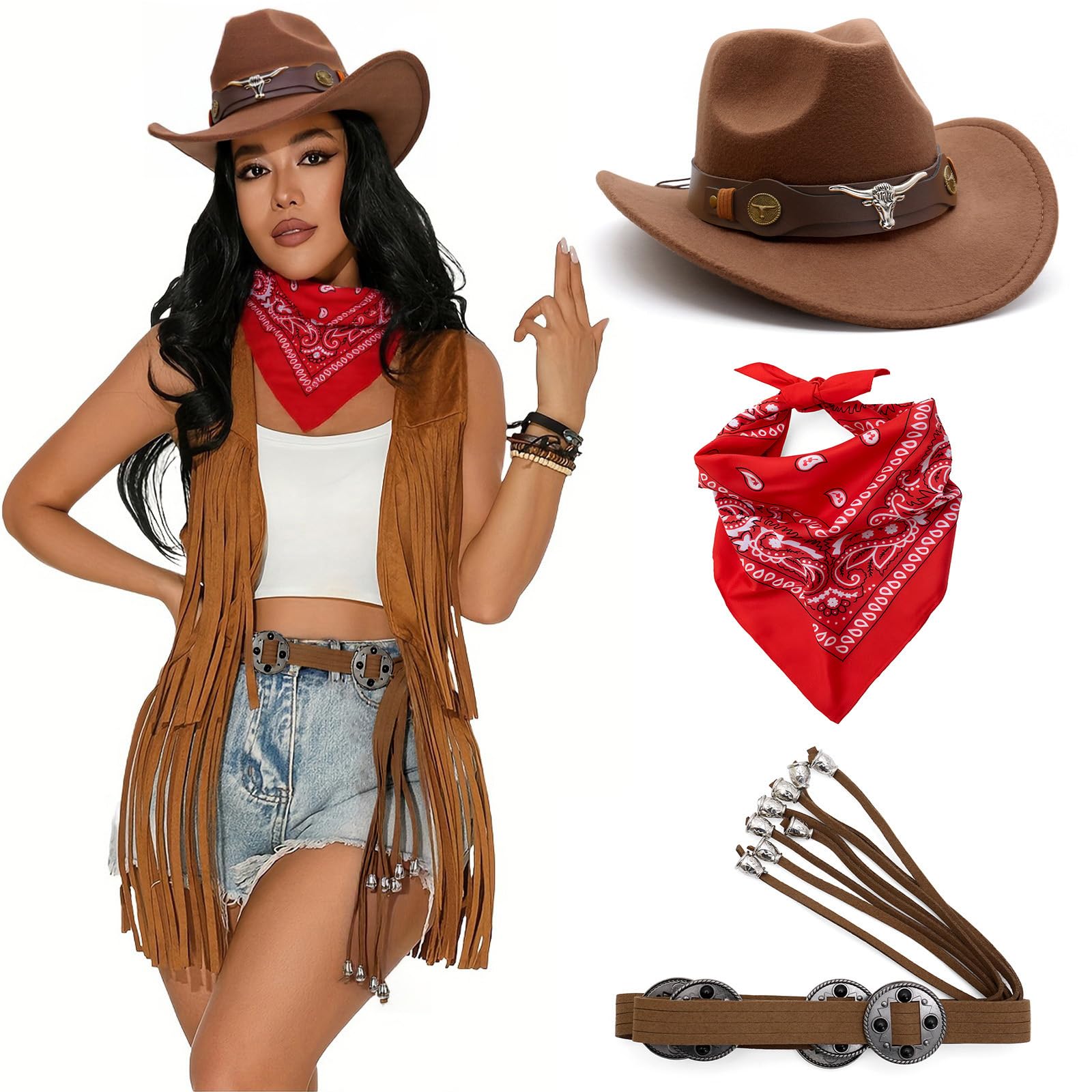 MICFENY 3Pcs Cowgirl Outfit Accessories Including Rodeos Hat Bandana For Wild Western Cosplay Event