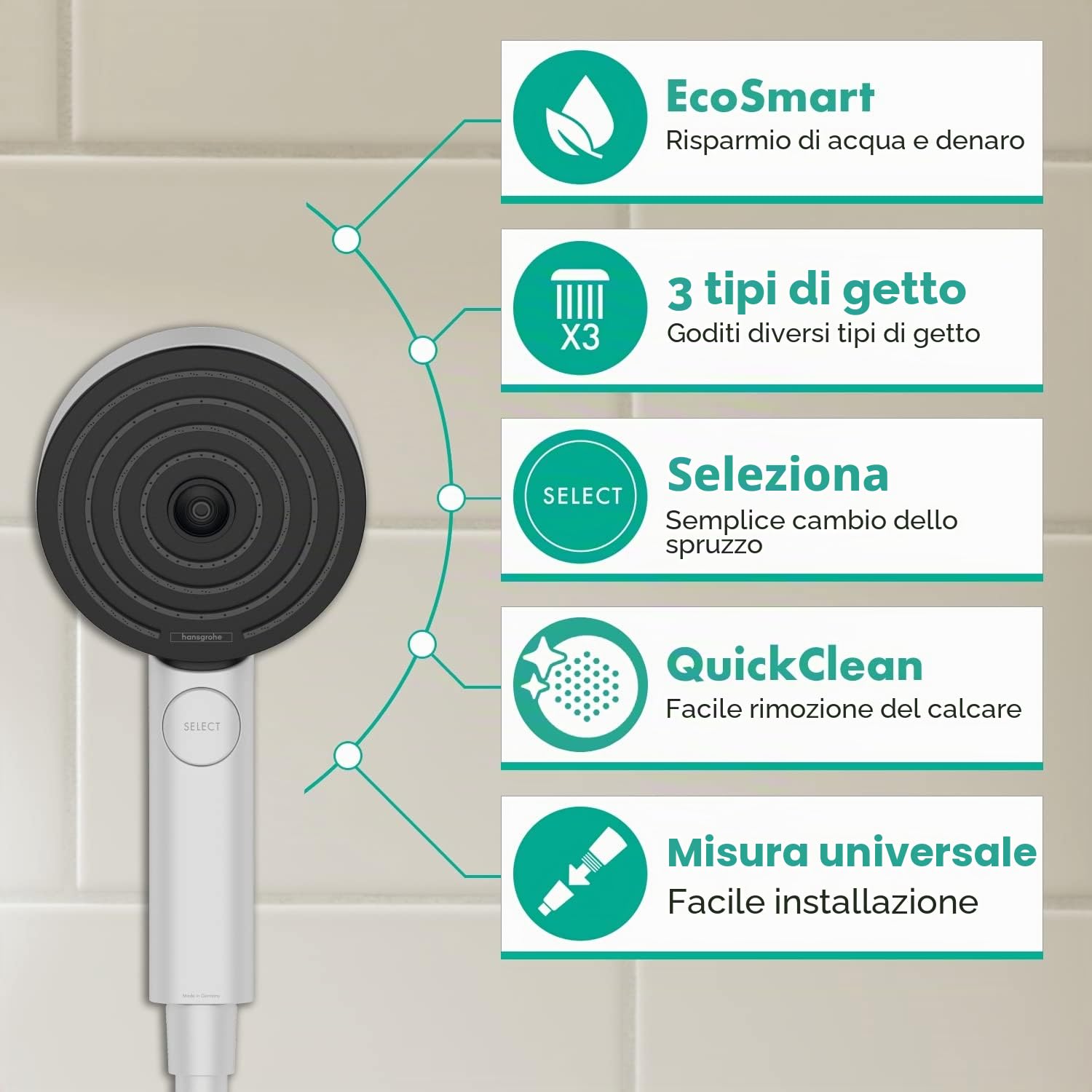 hansgrohe Pulsify Select S Doccetta 105 3 tipi di getto Active EcoSmart, bianco opaco, 24101700