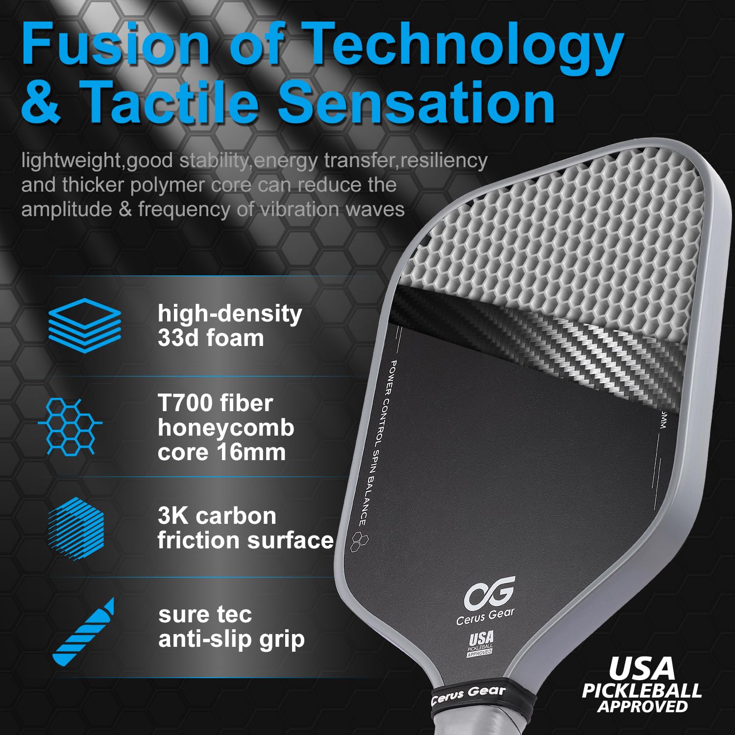 Pickleball Paddles Pro | 4-Layer T700SC Raw Carbon Fiber & 16MM Reinforced Polymer Honeycomb Core | Thermoformed Pickle Ball Racket | Max Spin & Control | USAPA Approved