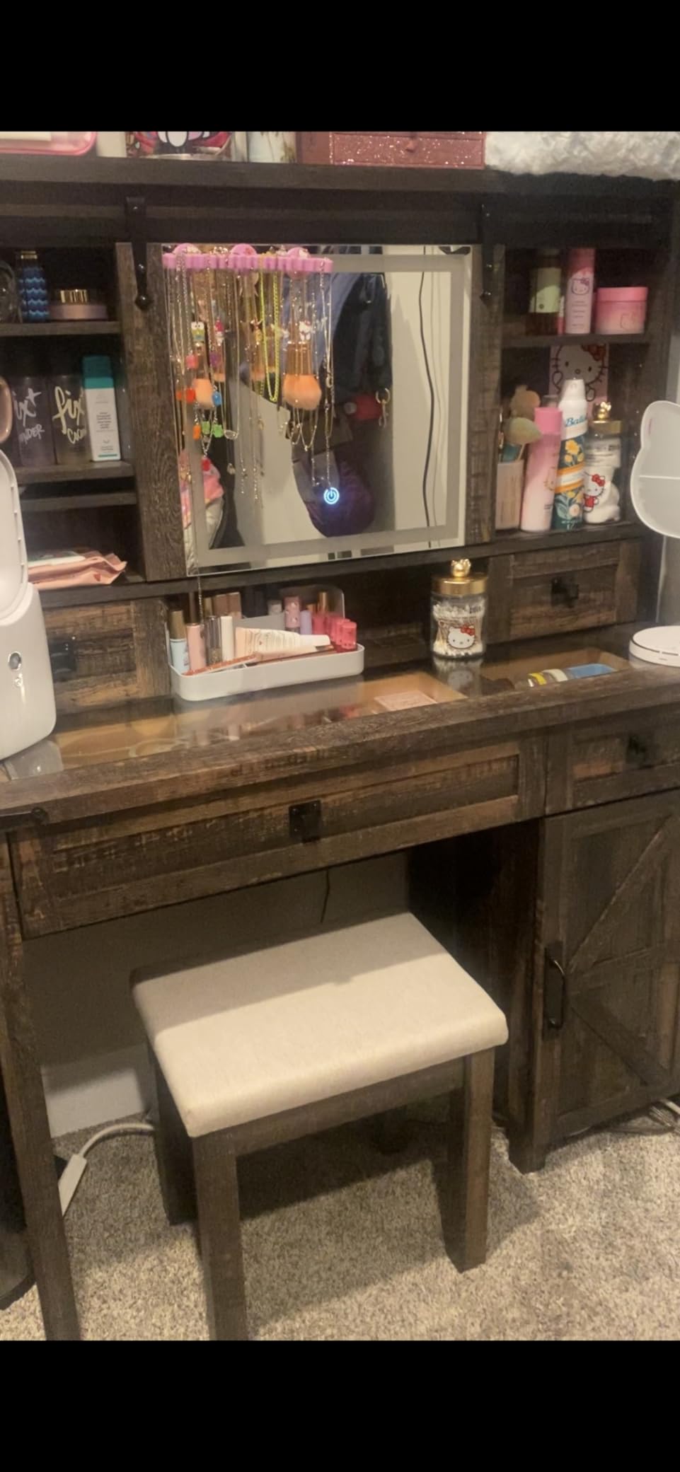43/mo Finance T4TREAM Farmhouse Makeup Vanity Desk with Sliding Mirror and Lights, 31.2