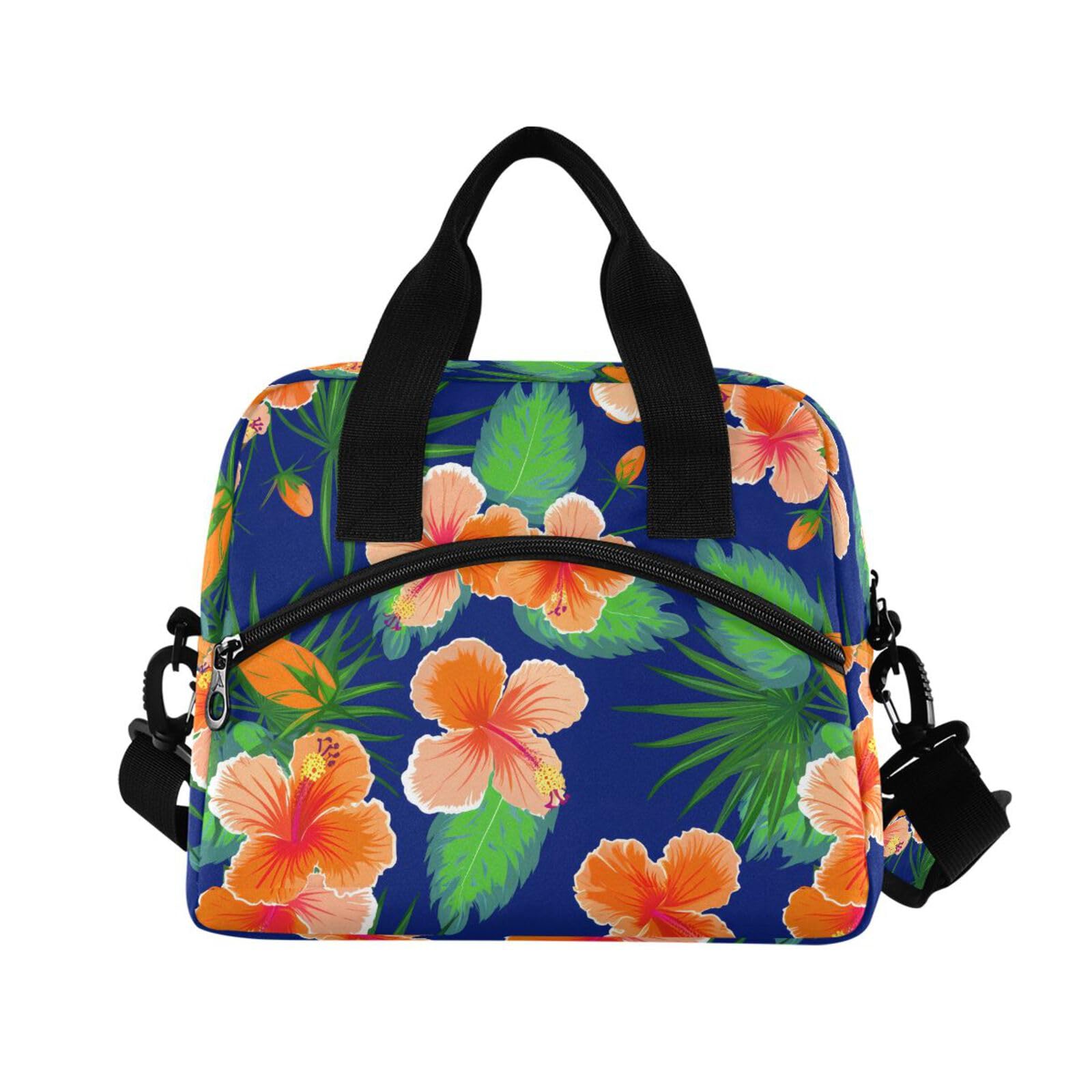 Sinestour Insulated Lunch Bag Reusable Cooler Orange Hibiscus Palm Leaves Lunch Box Adjustable Shoulder Strap for Adults School Office