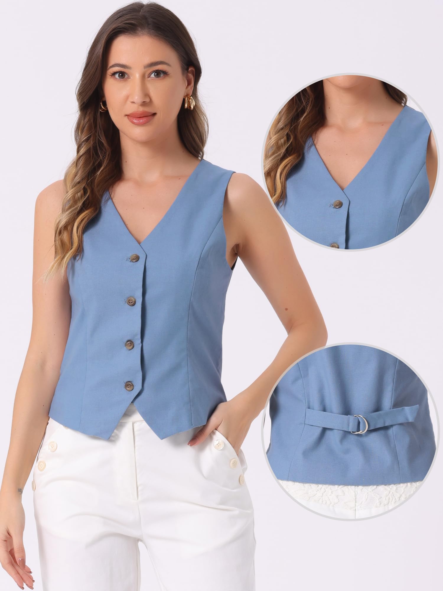 Allegra K Damska Kamizelka Kamizelka Moda Bez Rękawów Guzik Down V-Neck Crop Top Kamizelka Staniczna