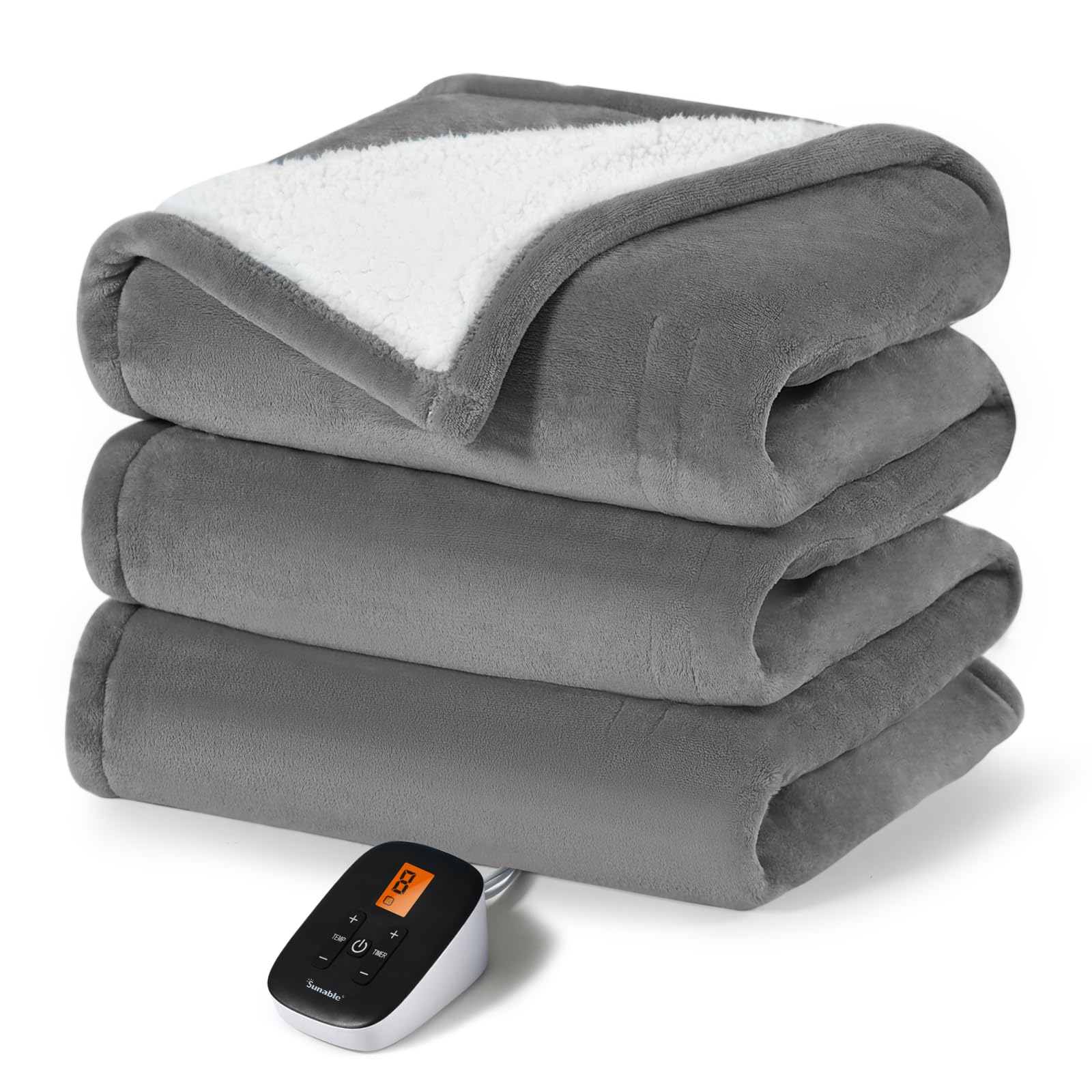 Sunable Machine Washable Heated Electric Blanket - Twin Size, Time & Heat Settings, ETL Certified, Grey Velvet & Sherpa