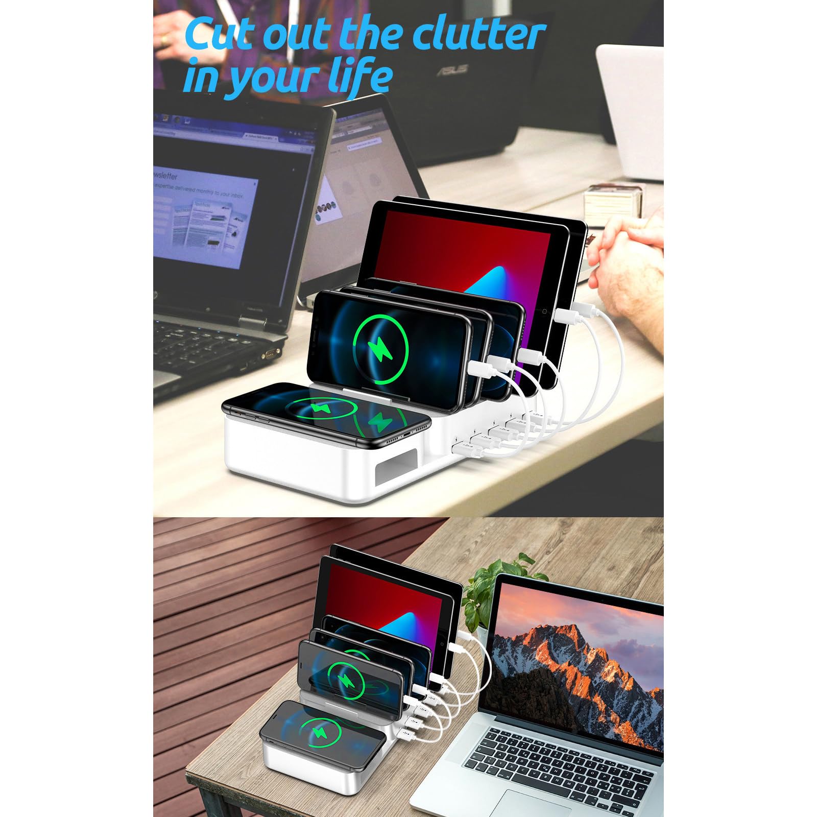 Cargador USB multipuerto, 60 W, 5 puertos + soporte de carga inalámbrico, con 5 soportes, adecuado para sistemas iOS y Android,Pink